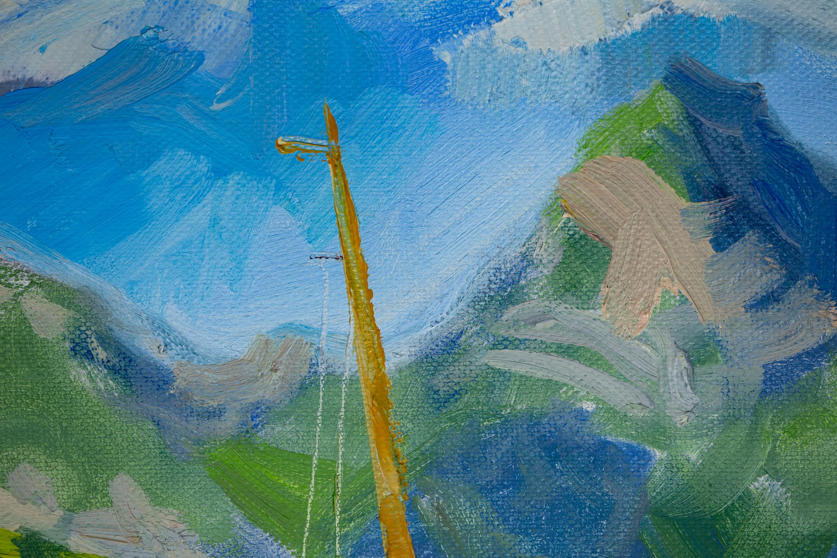 Yacht At The Pier. Landscape in oil, impressionism, vertikal. Lake, mountains For Sale 10