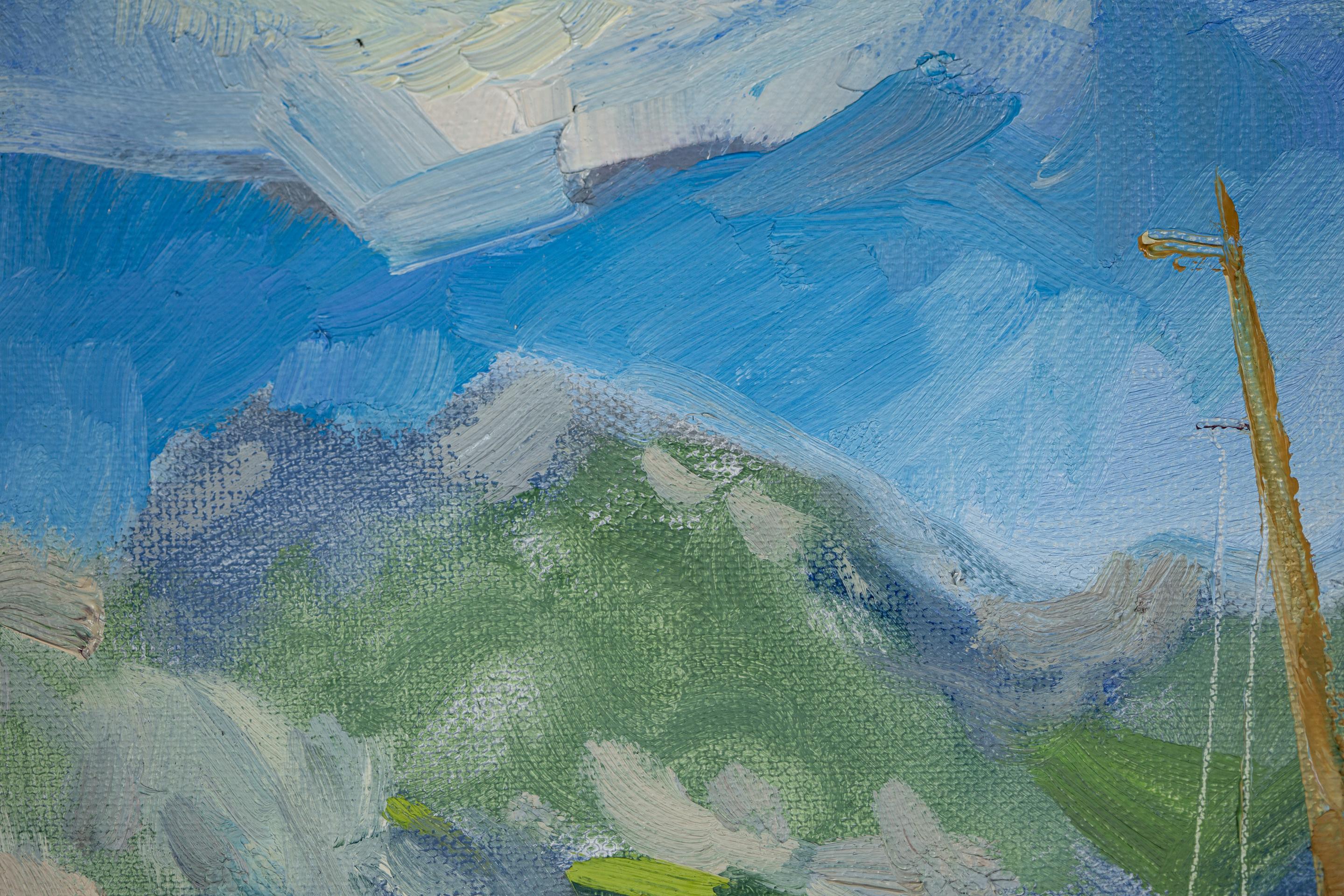 Yacht At The Pier. Landscape in oil, impressionism, vertikal. Lake, mountains For Sale 11