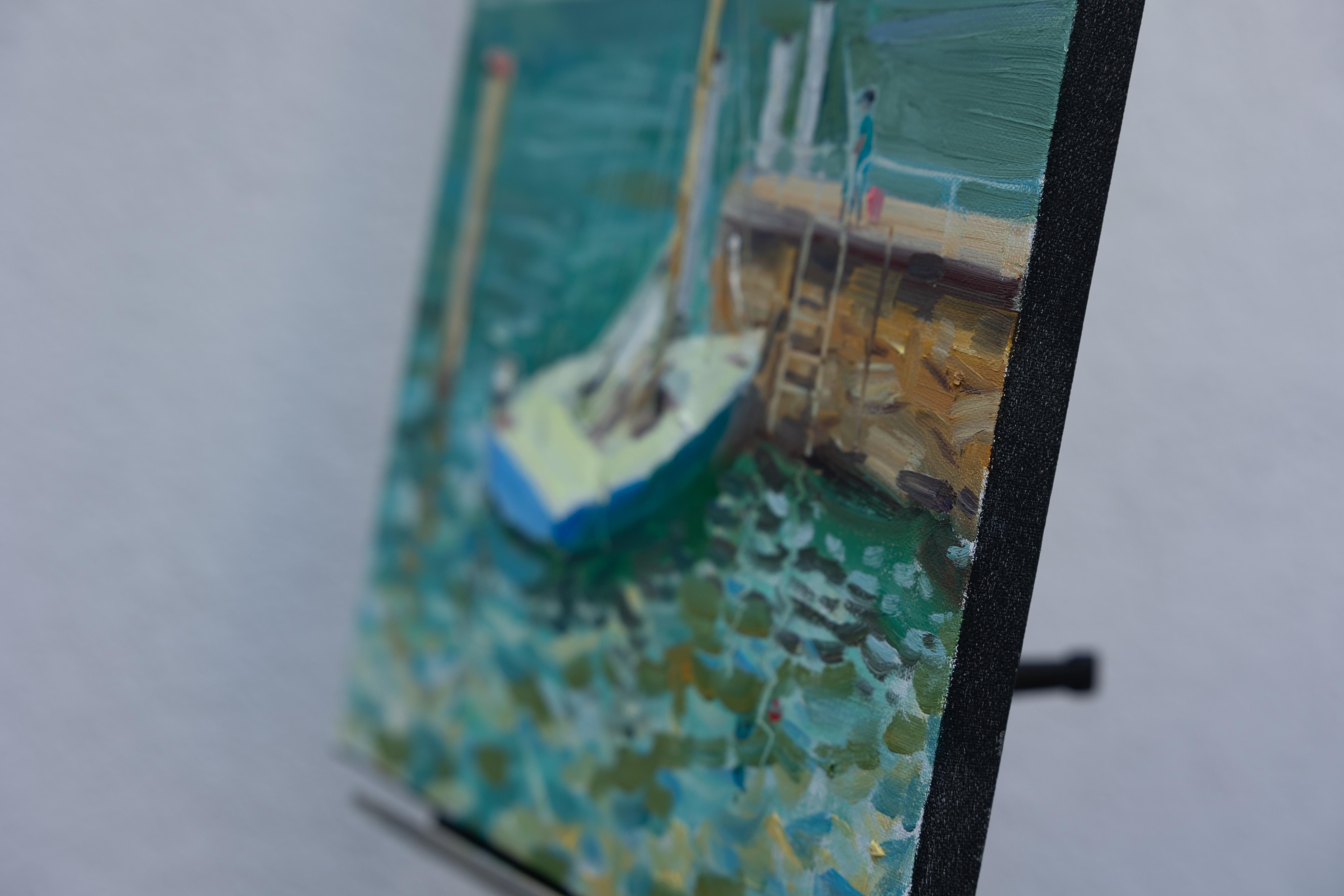 Yacht At The Pier. Landscape in oil, impressionism, vertikal. Lake, mountains - Painting by Anna Shesterikova