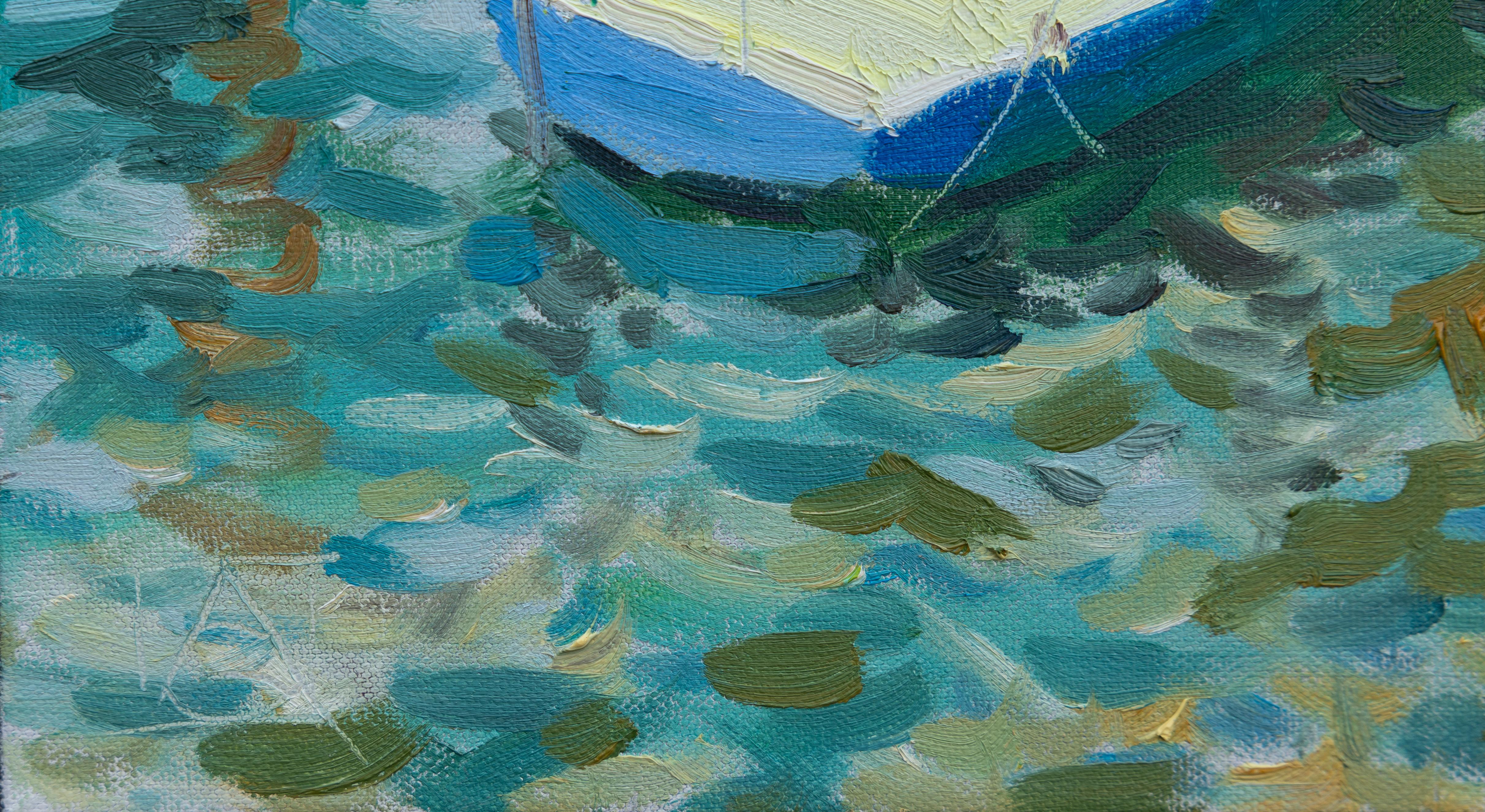 Yacht At The Pier. Landscape in oil, impressionism, vertikal. Lake, mountains - Blue Landscape Painting by Anna Shesterikova