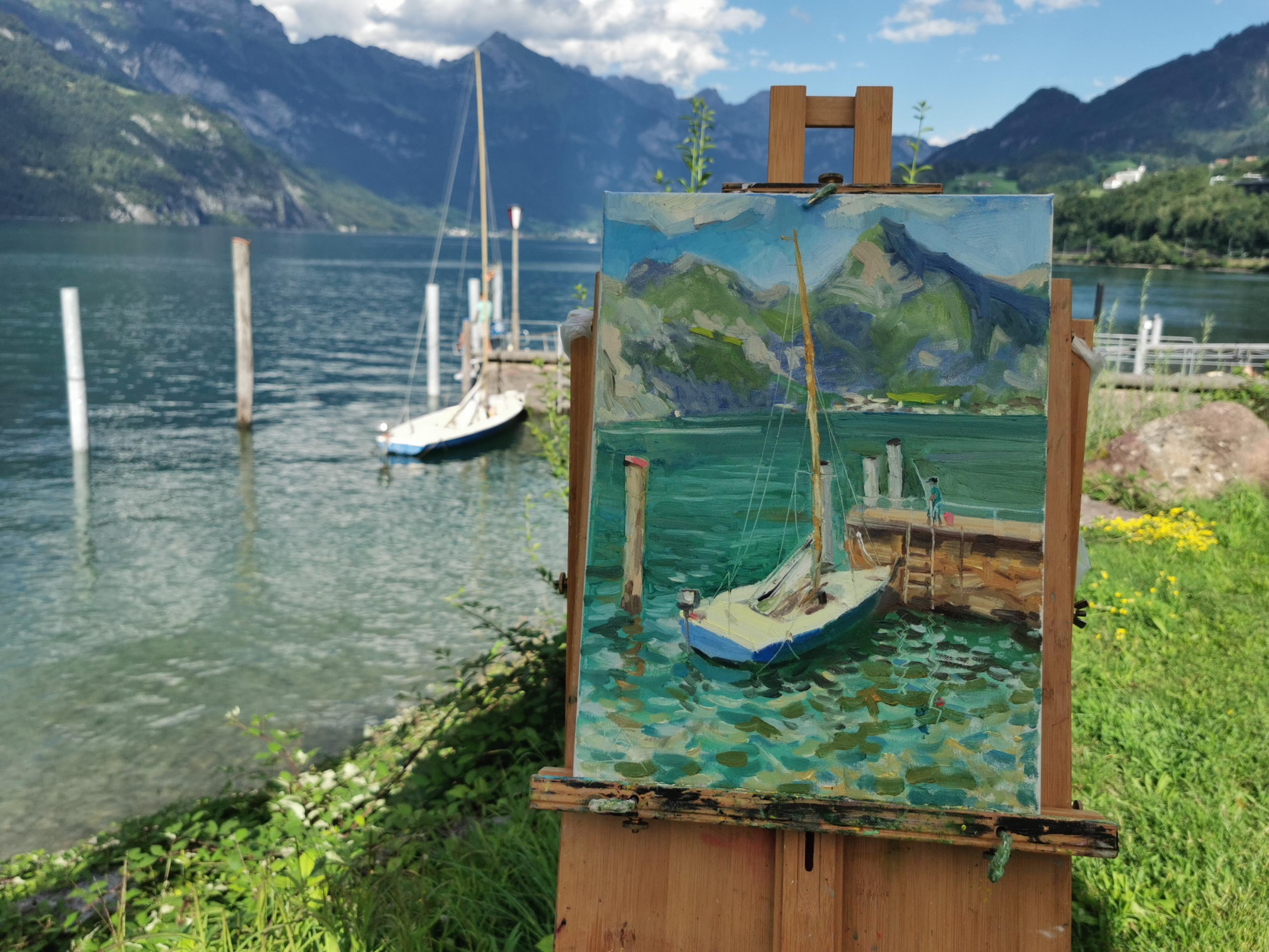 The painting was created en plein-air at Lake Walensee. The yacht is vividly painted in an impressionistic style, so skillfully that you'll want to jump in and take a ride around the beautiful Swiss lake with the purest water!

