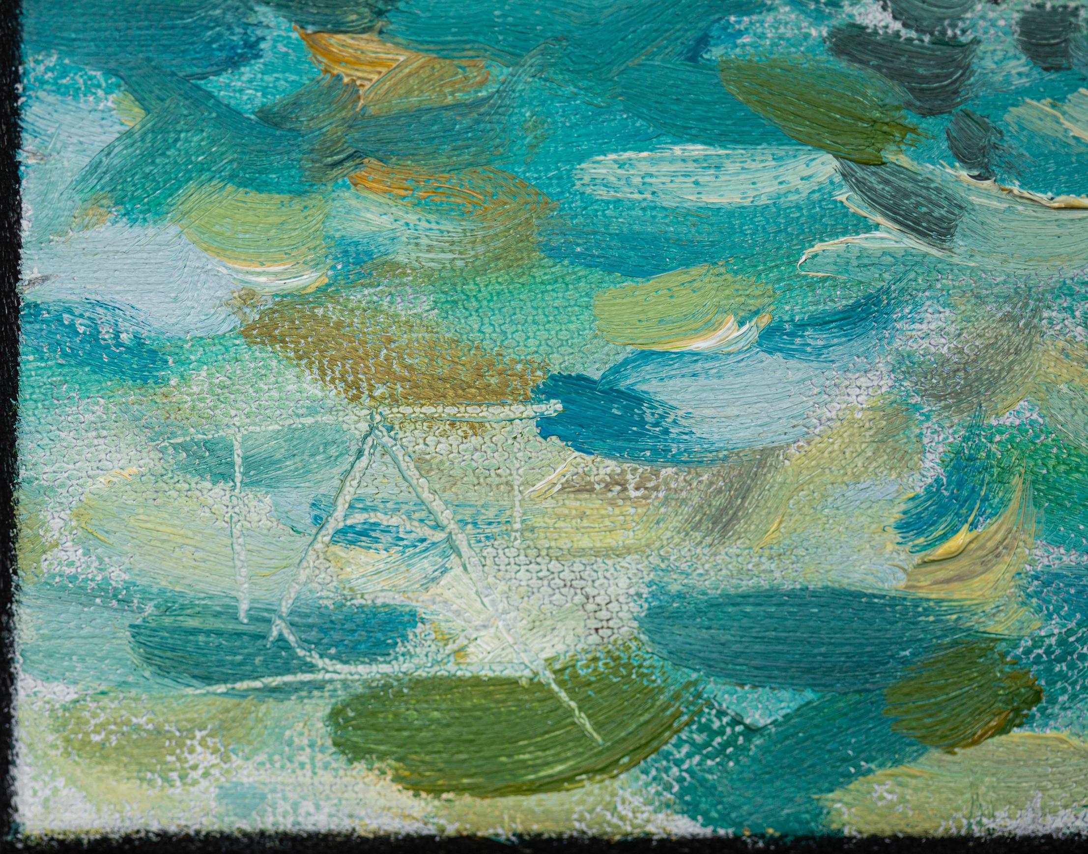 Yacht At The Pier. Landscape in oil, impressionism, vertikal. Lake, mountains For Sale 2