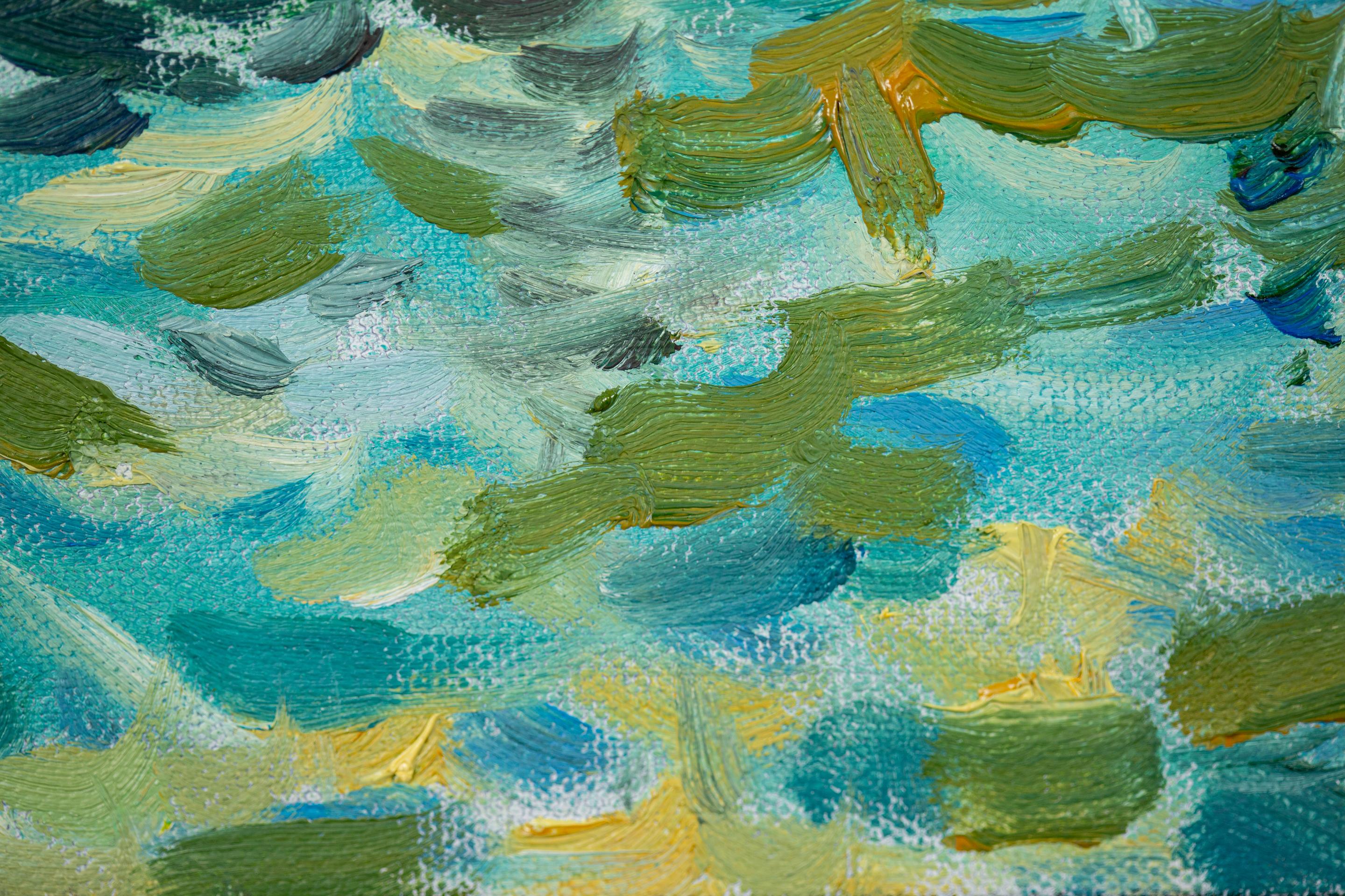 Yacht At The Pier. Landscape in oil, impressionism, vertikal. Lake, mountains For Sale 3