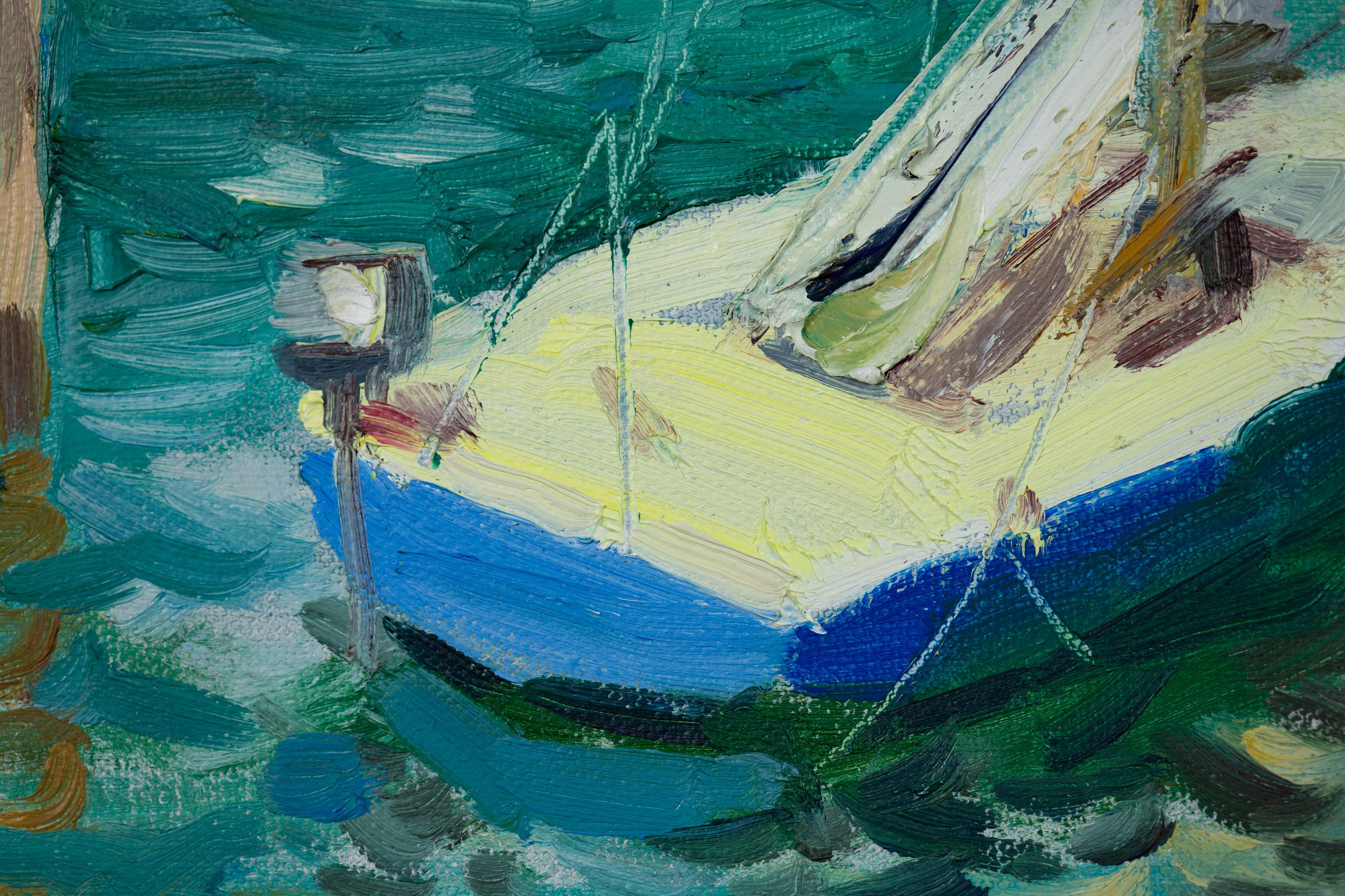 Yacht At The Pier. Landscape in oil, impressionism, vertikal. Lake, mountains For Sale 4