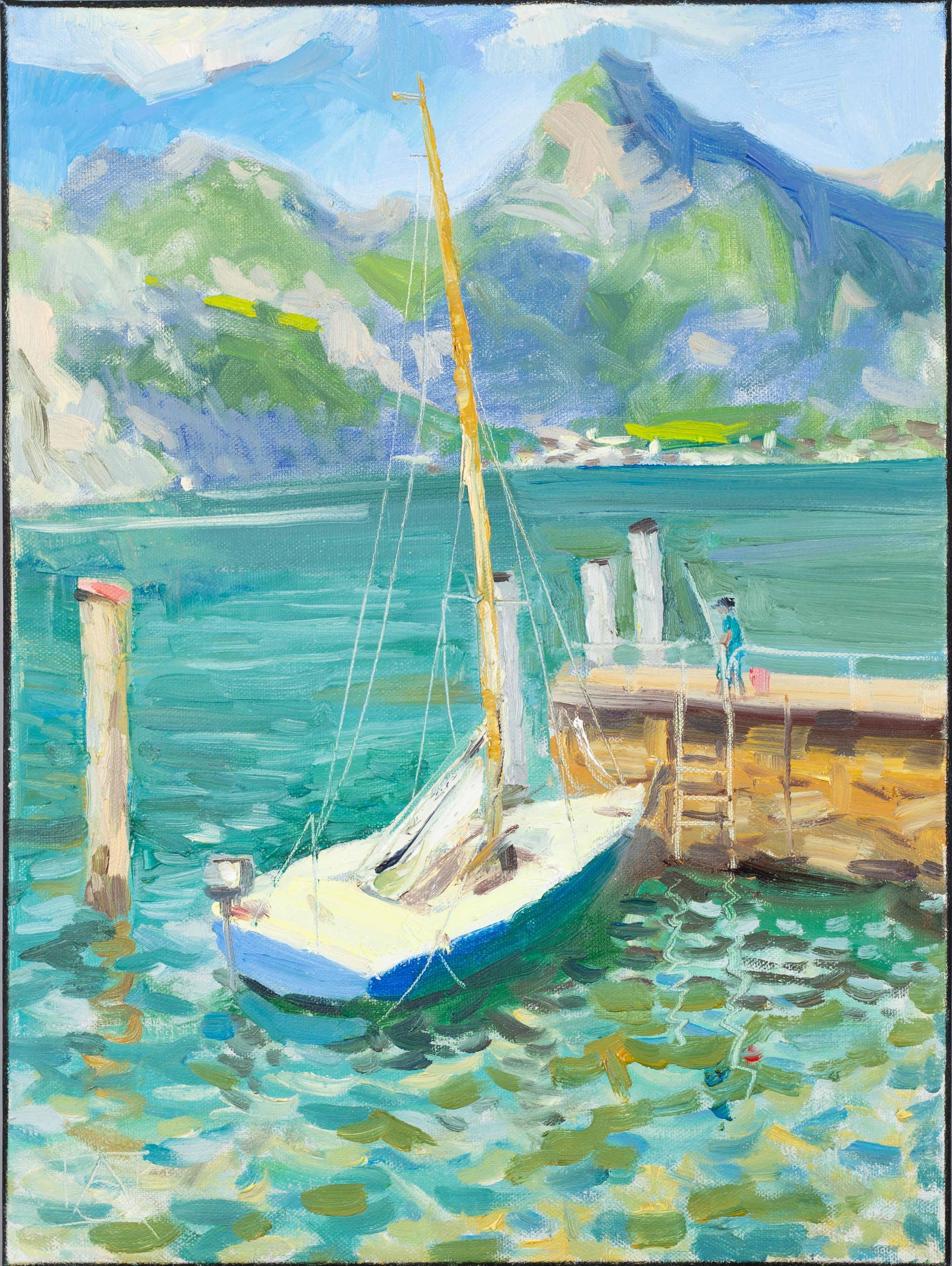 Yacht At The Pier. Landschaft in Öl, Impressionismus, vertikal. See, Berge