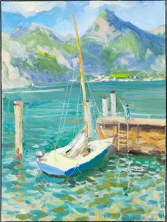 Yacht At The Pier. Landscape in oil, impressionism, vertikal. Lake, mountains
