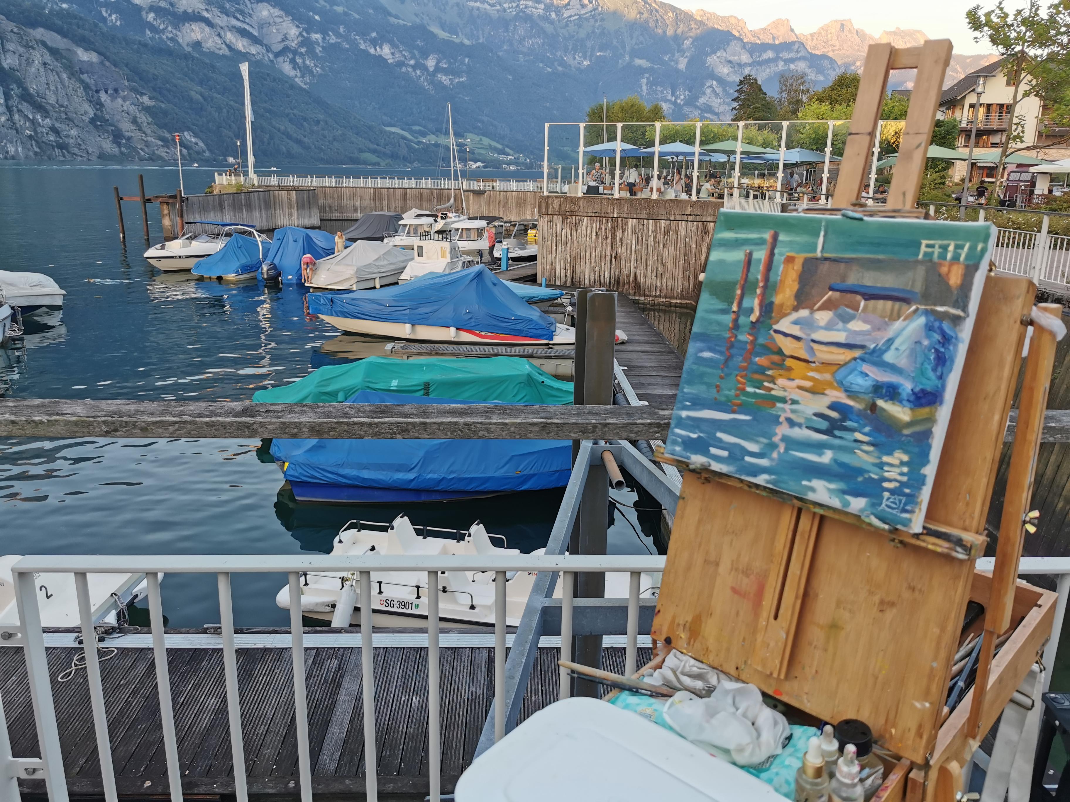 Yacht al tramonto. Olio, impressionismo, barche, lago, Svizzera - Painting di Anna Shesterikova