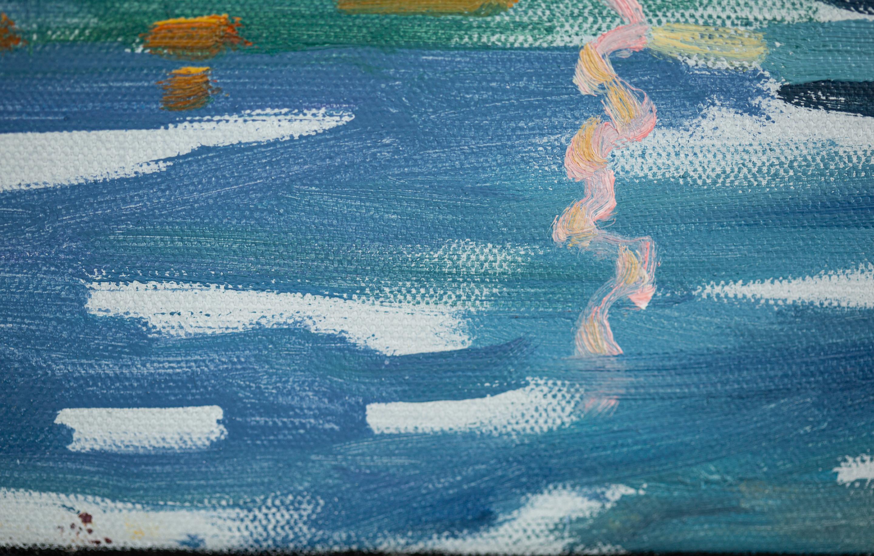 Yacht al tramonto. Olio, impressionismo, barche, lago, Svizzera in vendita 1