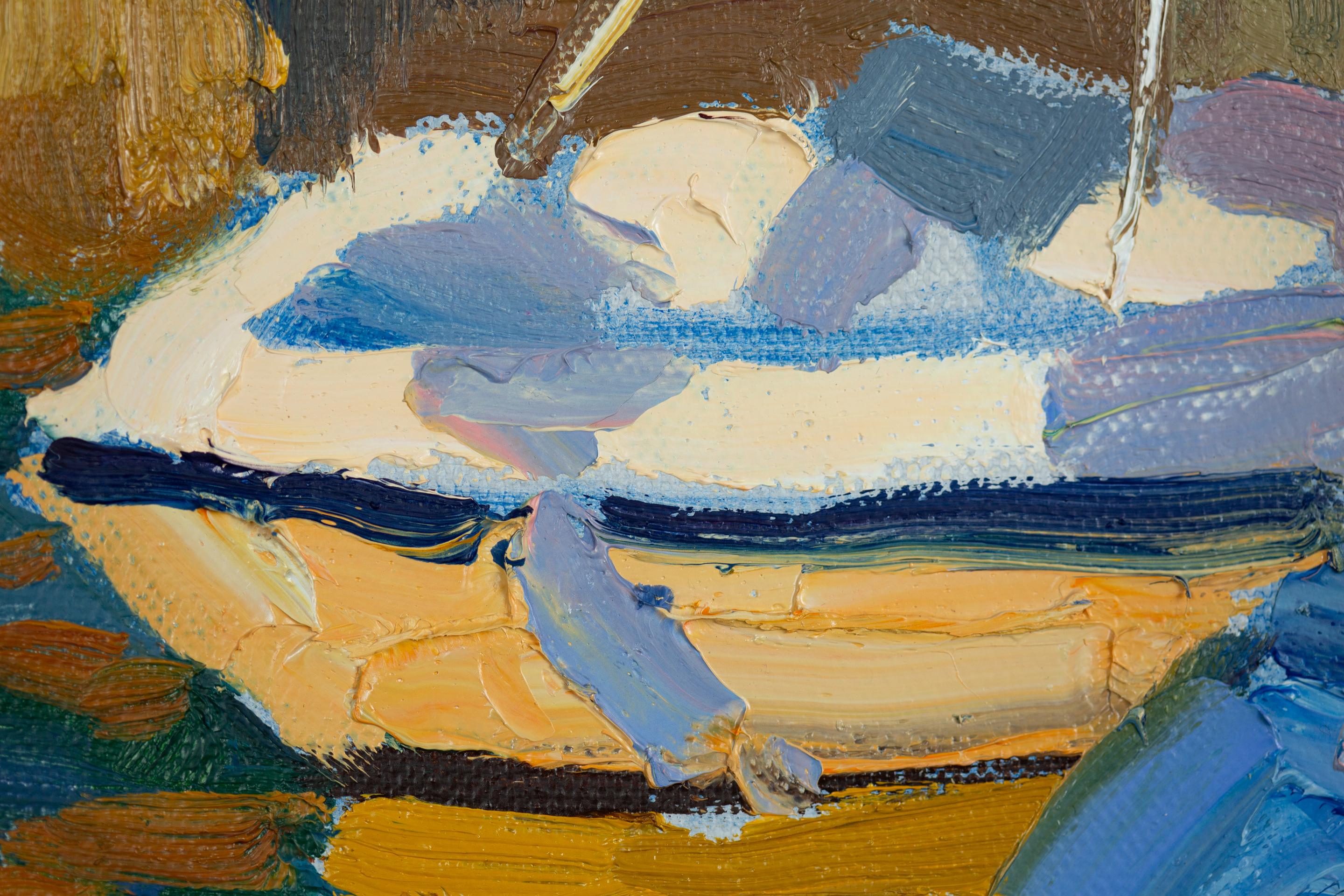 Yacht al tramonto. Olio, impressionismo, barche, lago, Svizzera in vendita 3