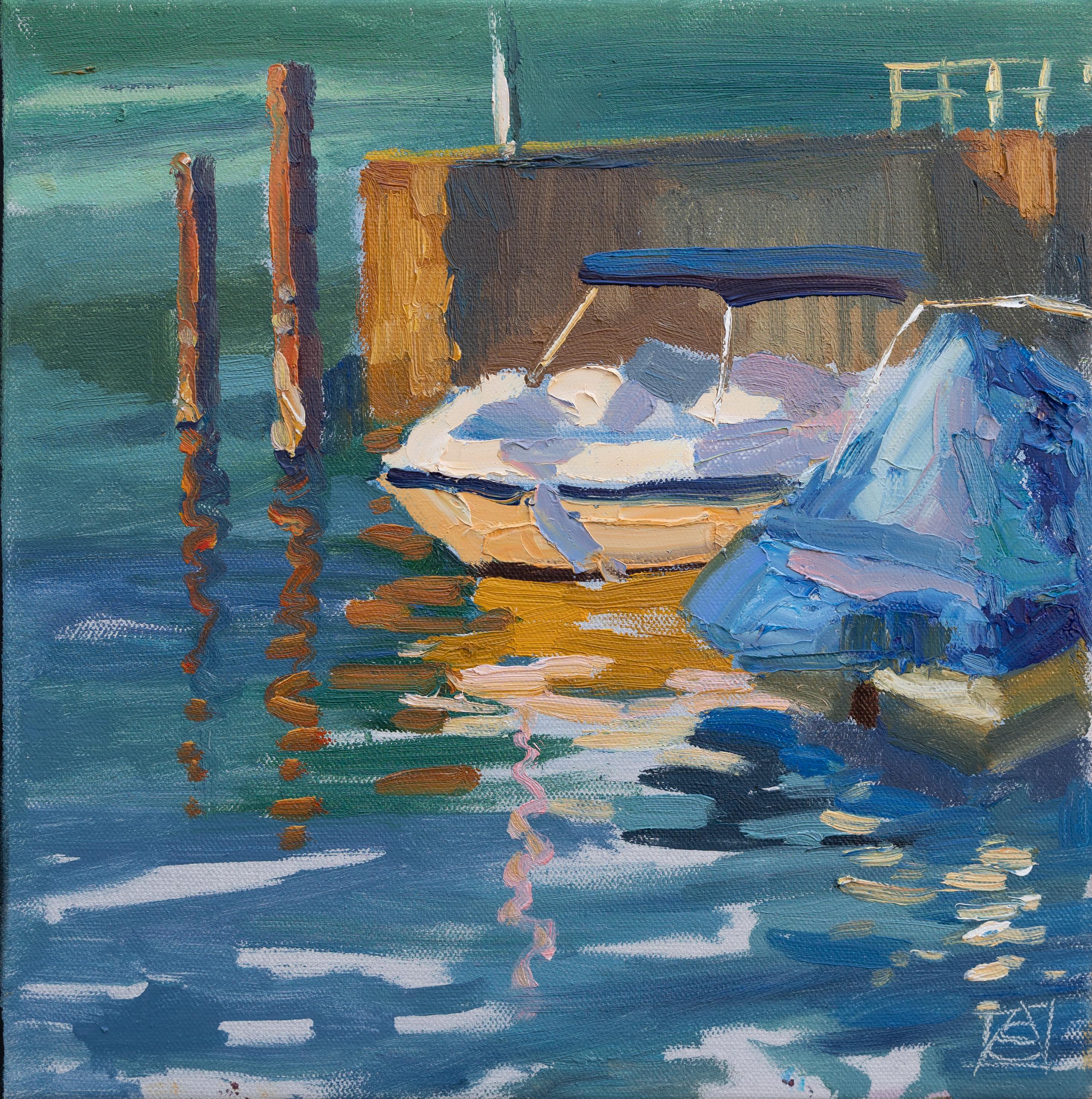 Yachts At Sunset. Oil painting, impressionism, boats, lake, Switzerland, square
