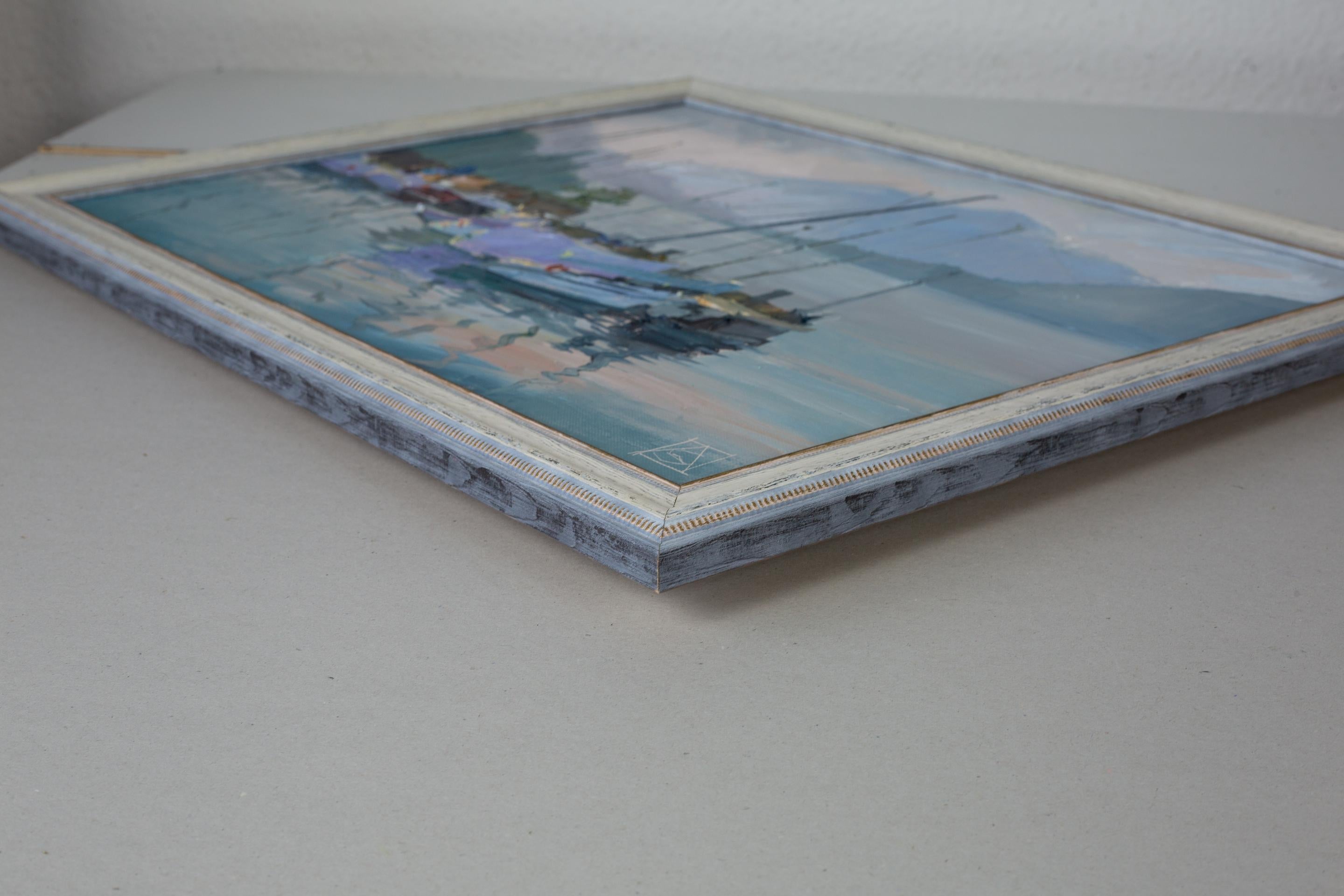 Yachts in Portese. Horizontal, landscape oil, lake, yachts, impressionism - Blue Landscape Painting by Anna Shesterikova