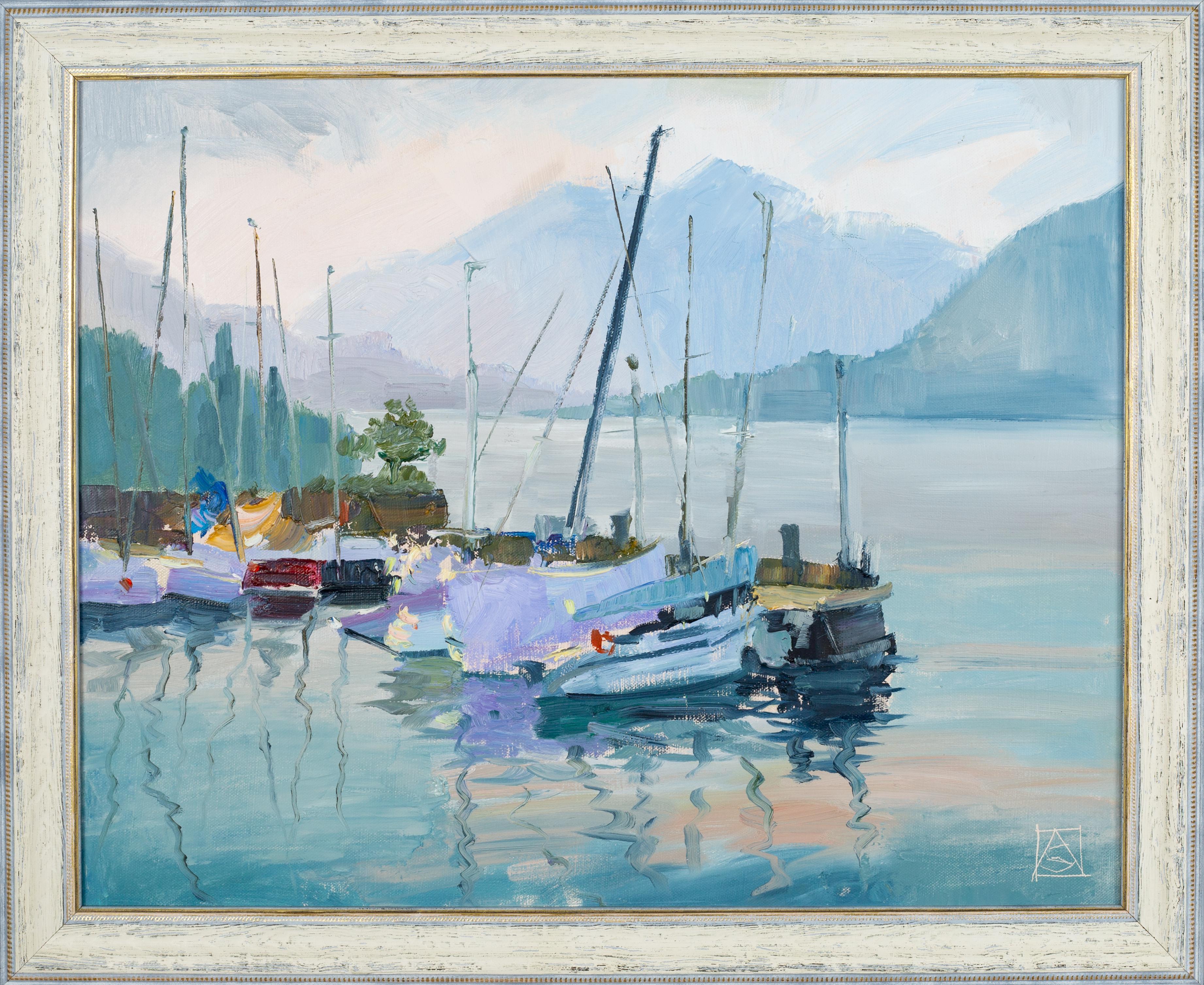 Yachts in Portese. Horizontal, landscape oil, lake, yachts, impressionism - Painting by Anna Shesterikova