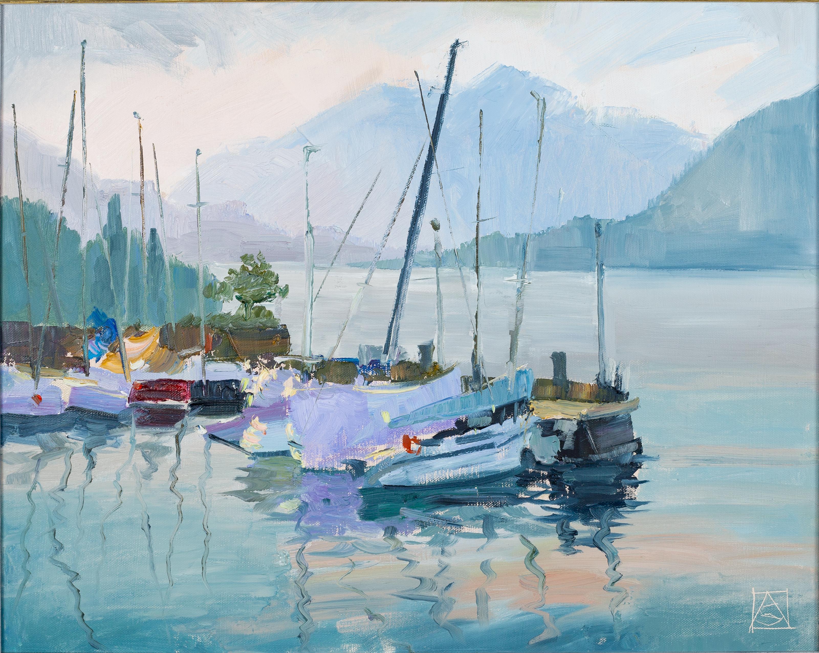 Anna Shesterikova Landscape Painting - Yachts in Portese. Horizontal, landscape oil, lake, yachts, impressionism
