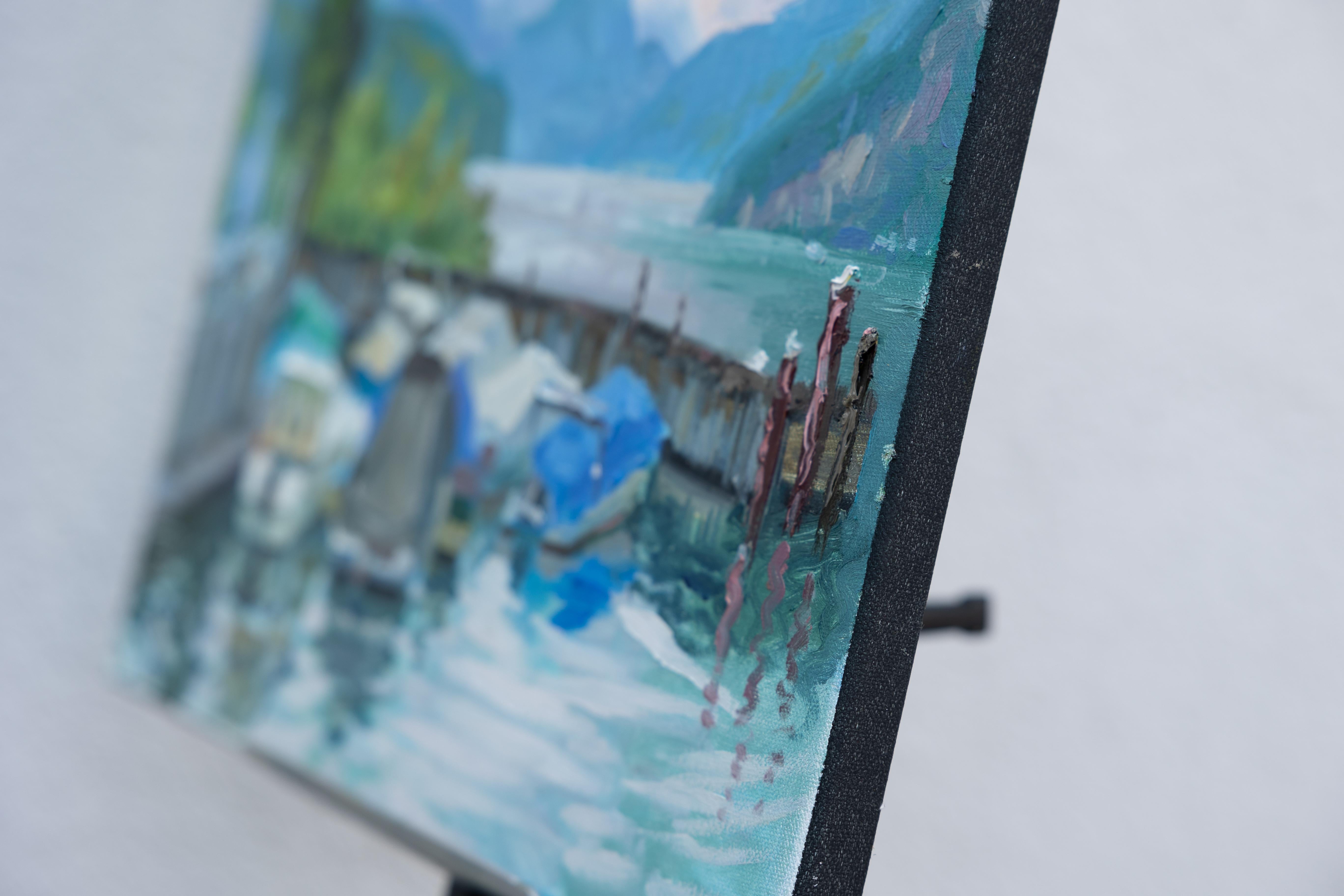 Yachts in Quarten. Landscape in oil, impressionism, horizontal. Lake, mountains - Painting by Anna Shesterikova