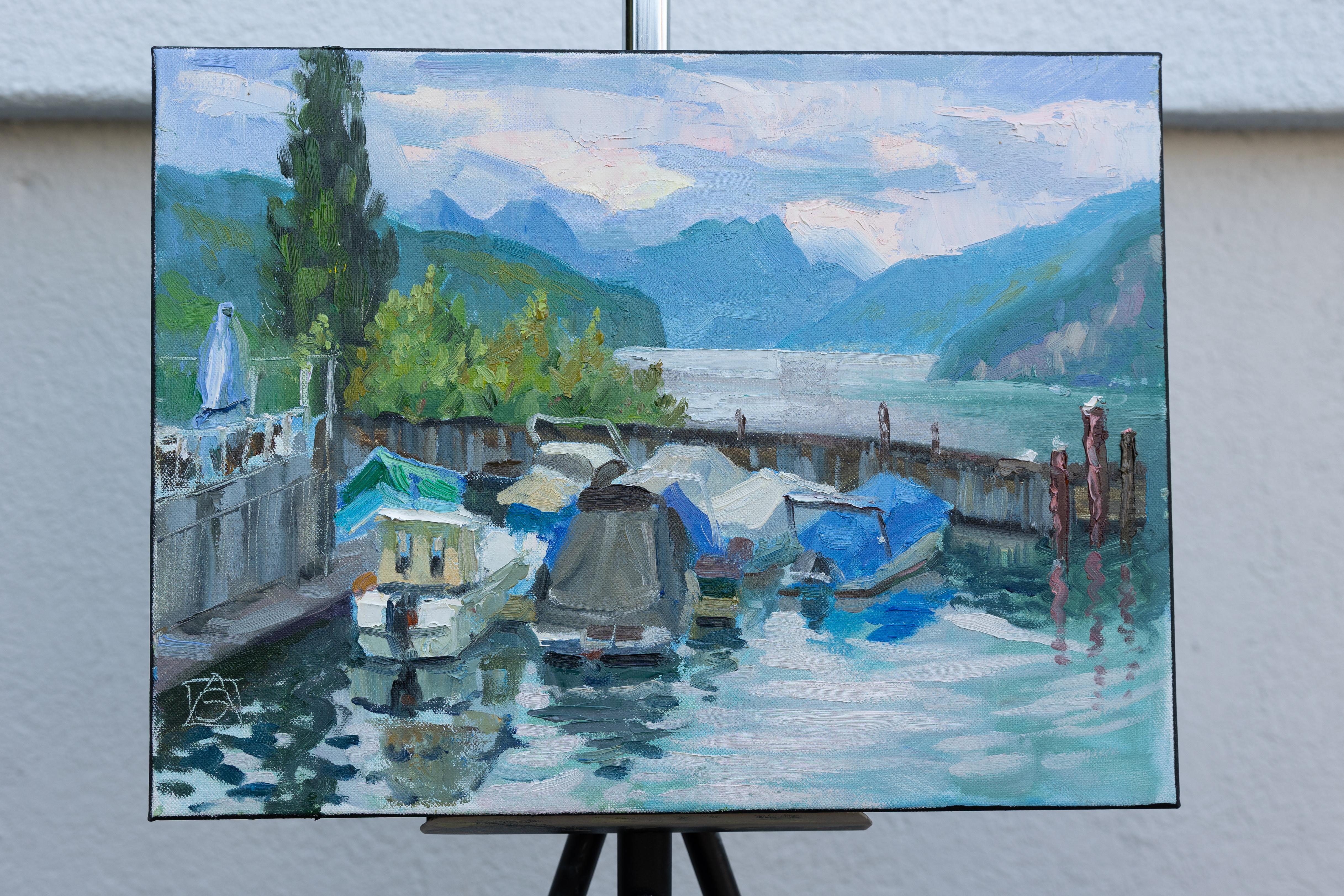 Yates en Quarten. Paisaje al óleo, impresionismo, horizontal. Lago, montañas - Painting Posimpresionista de Anna Shesterikova