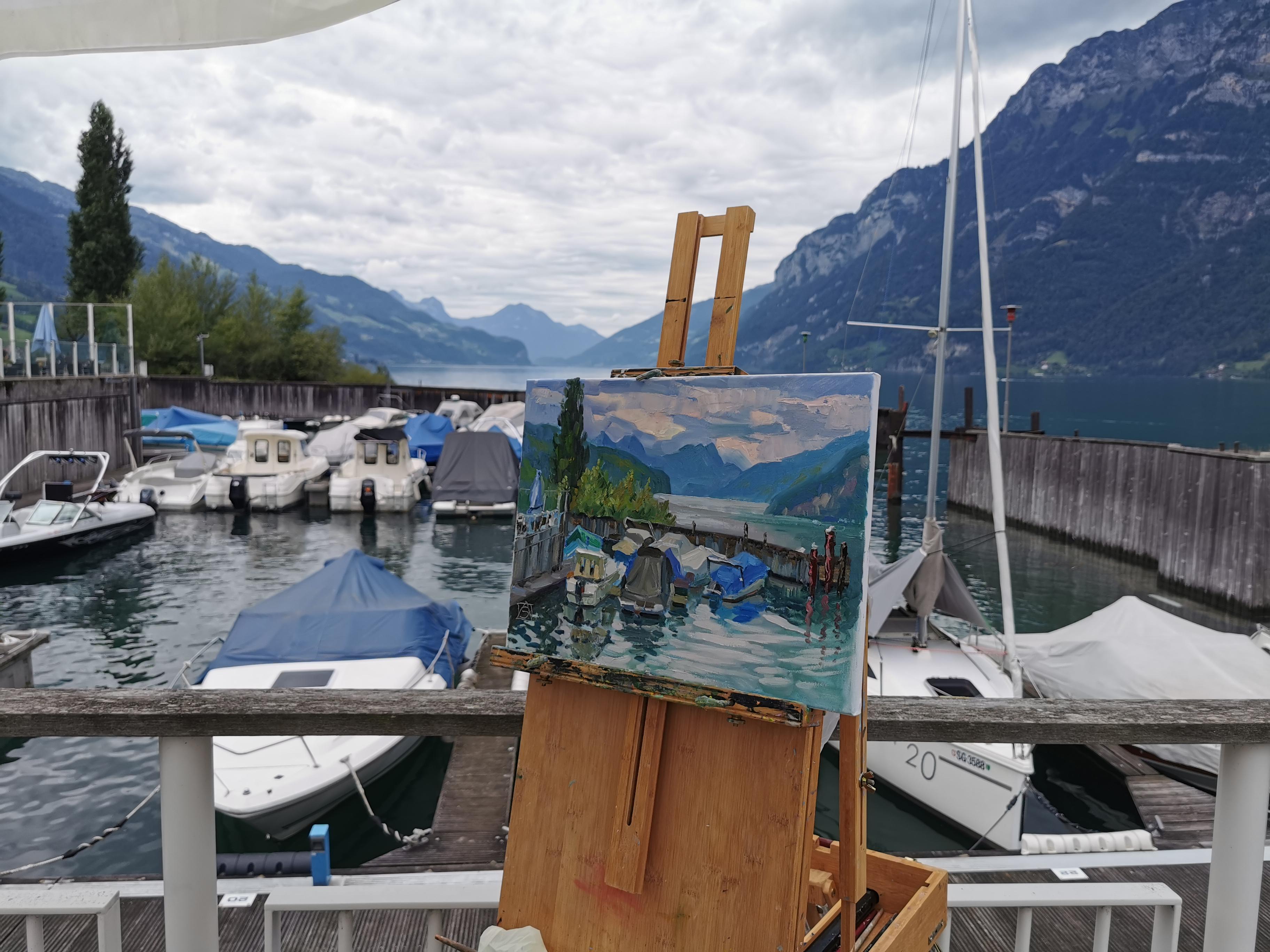 Yachts in Quarten. Landscape in oil, impressionism, horizontal. Lake, mountains For Sale 1