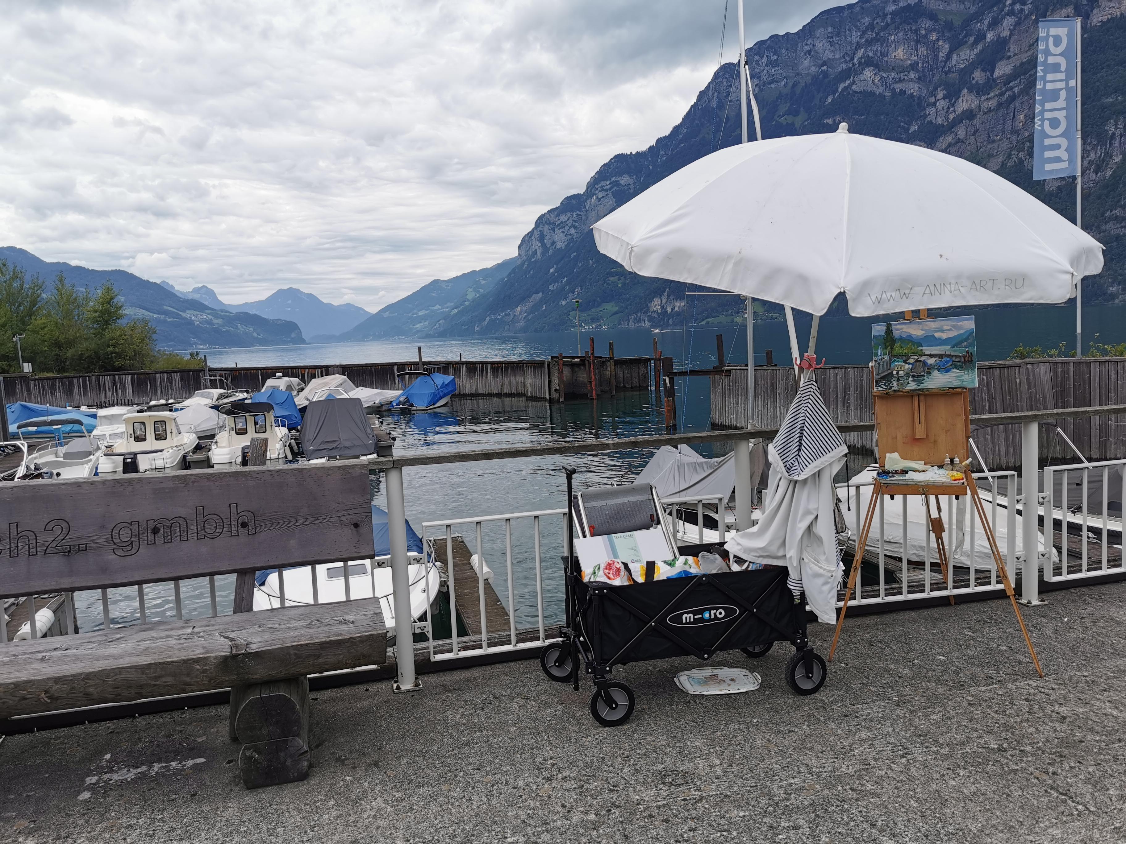 Yachts in Quarten. Landscape in oil, impressionism, horizontal. Lake, mountains For Sale 2