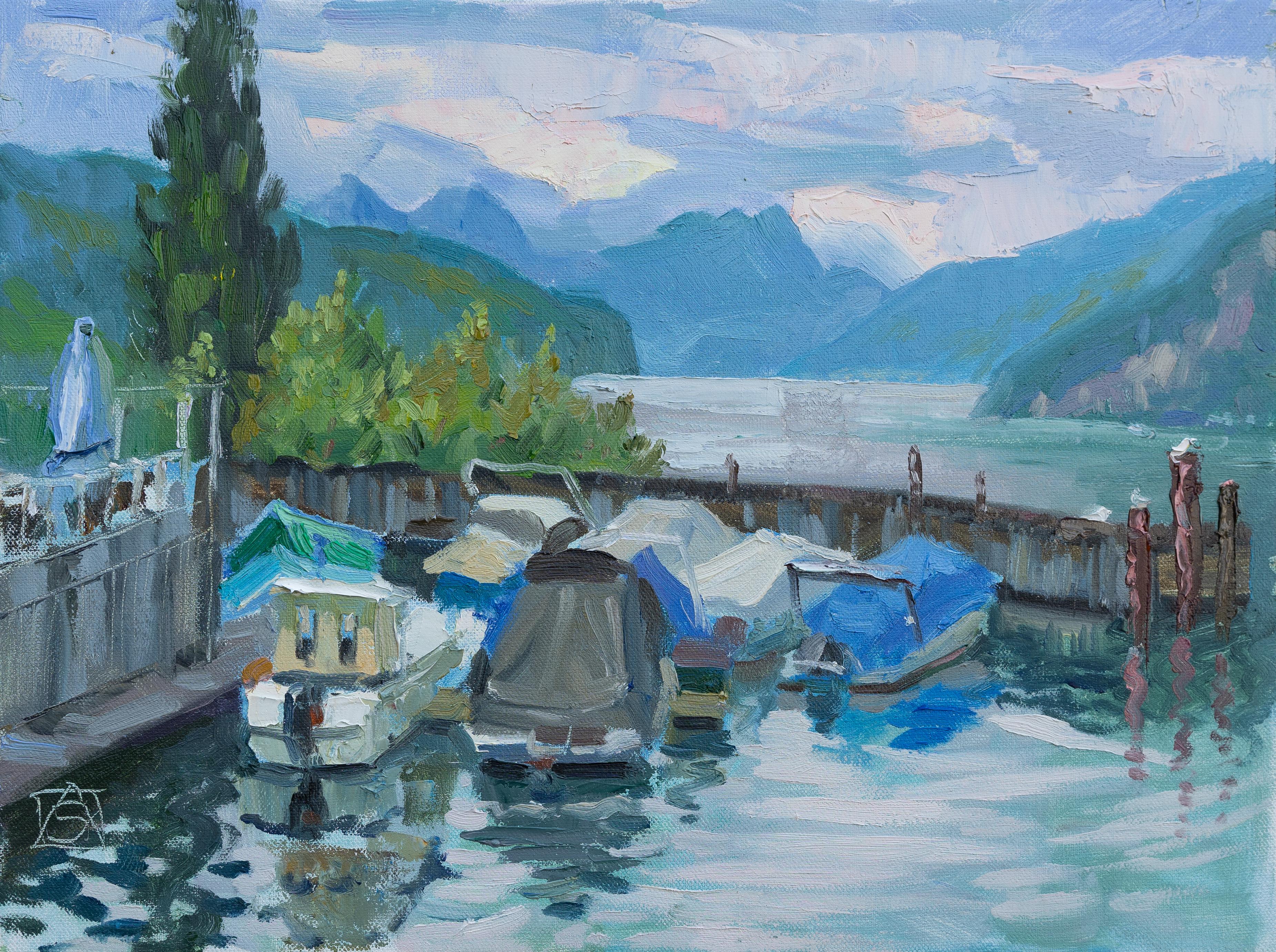 Landscape Painting de Anna Shesterikova - Yates en Quarten. Paisaje al óleo, impresionismo, horizontal. Lago, montañas