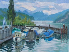 Yachts in Quarten. Landscape in oil, impressionism, horizontal. Lake, mountains