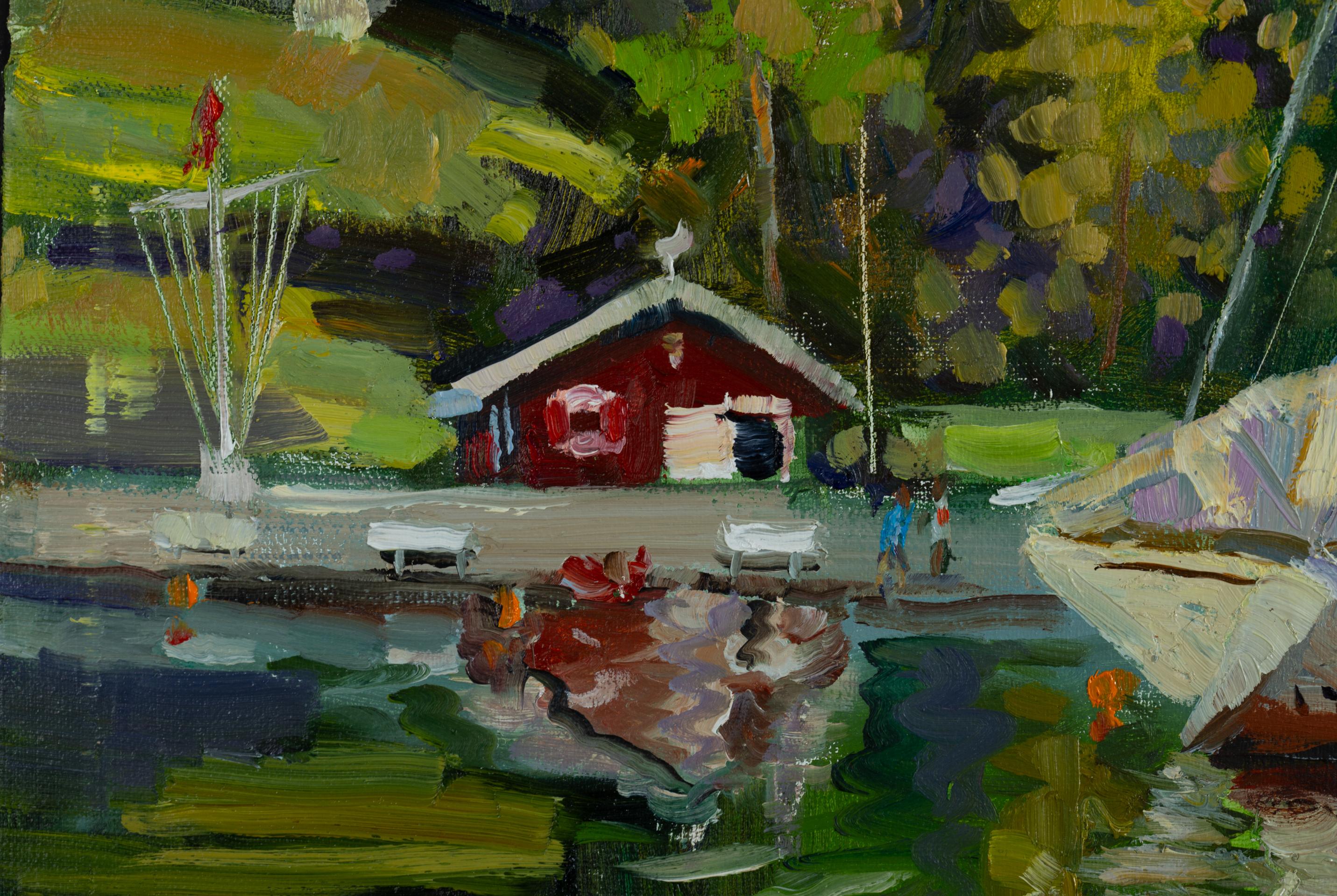 Des yachts. Oslo. Horizontal, mer, fjord, Norvège, Oslo, yachts, bateaux, été - Painting de Anna Shesterikova