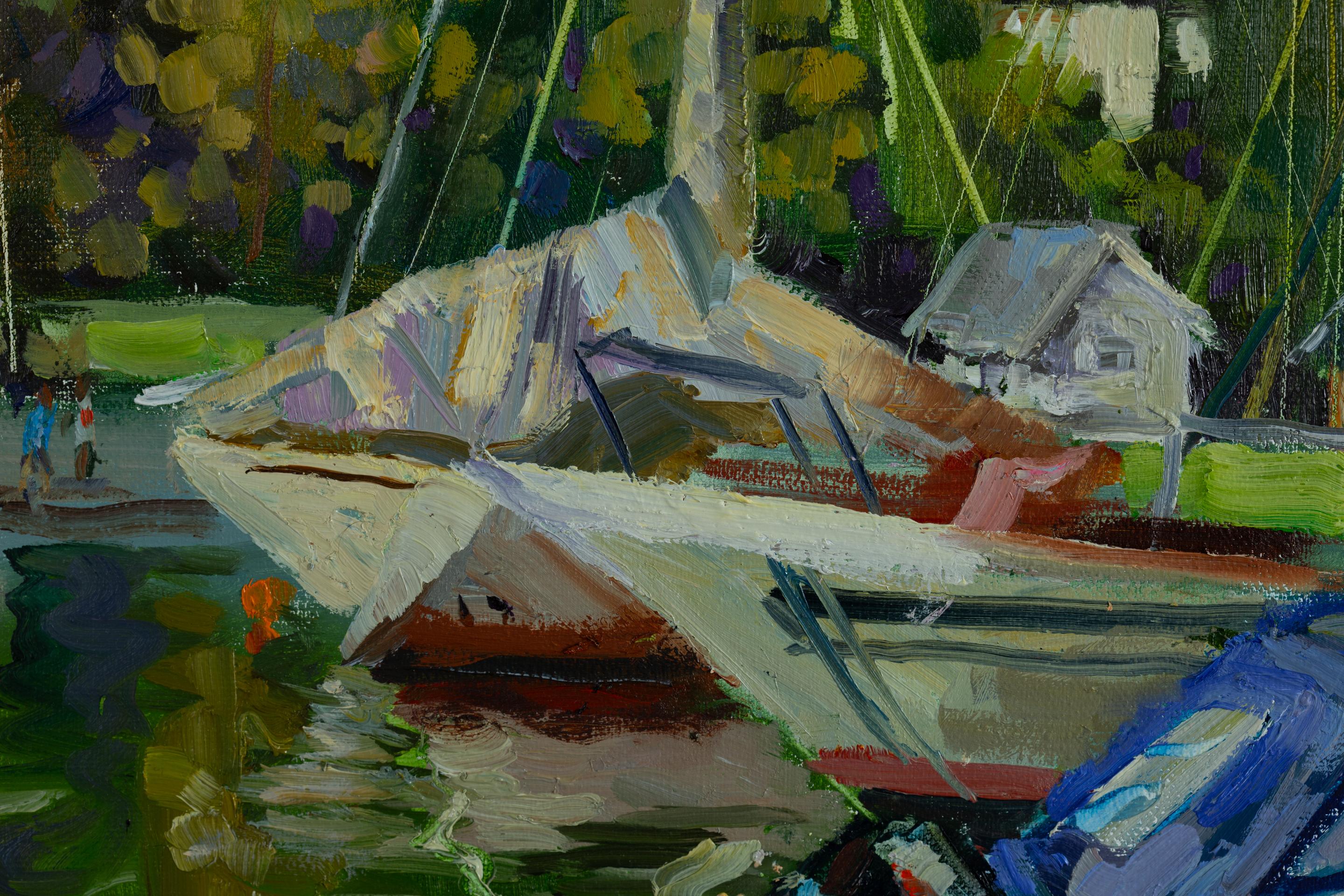 Des yachts. Oslo. Horizontal, mer, fjord, Norvège, Oslo, yachts, bateaux, été - Post-impressionnisme Painting par Anna Shesterikova