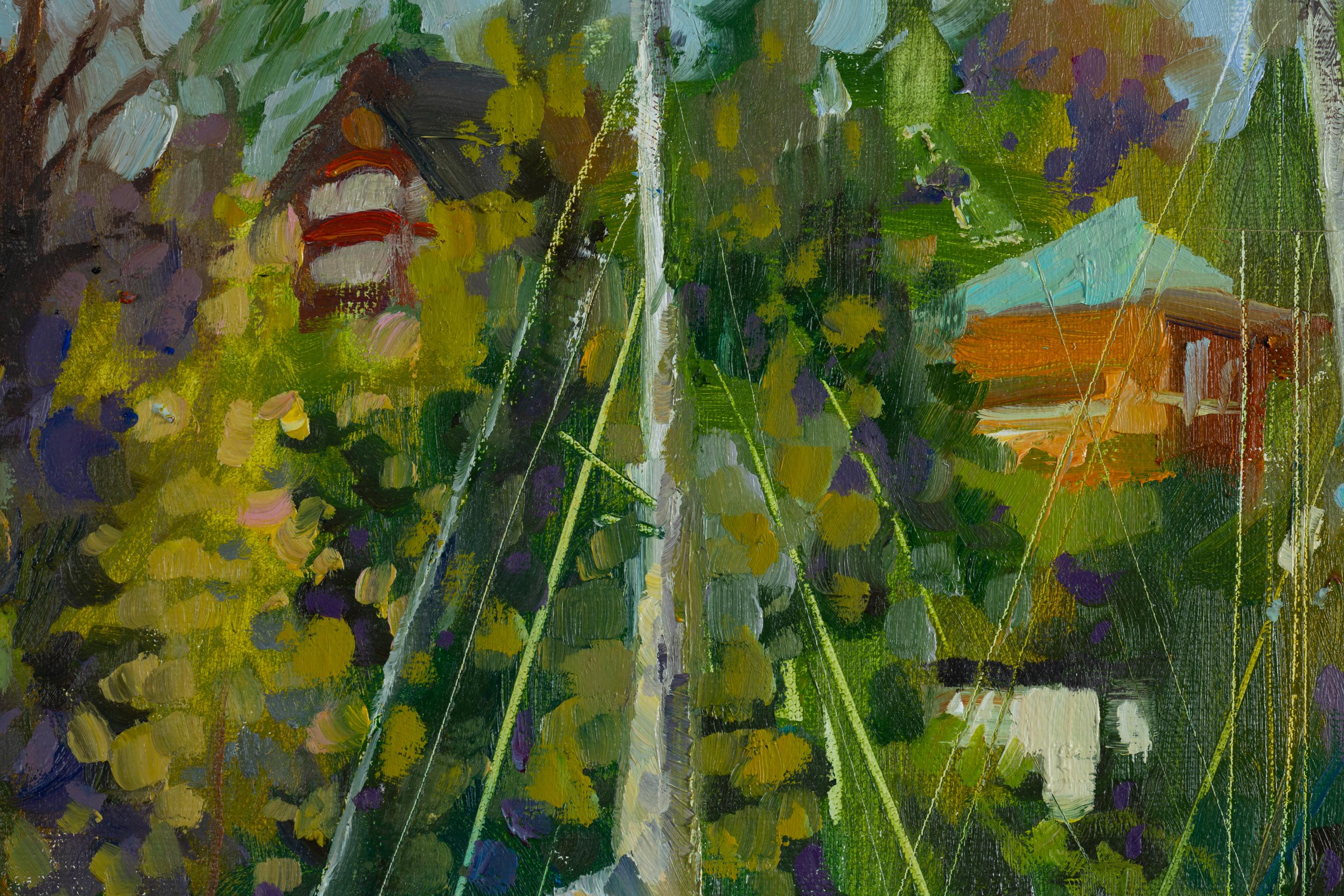 Des yachts. Oslo. Horizontal, mer, fjord, Norvège, Oslo, yachts, bateaux, été - Gris Landscape Painting par Anna Shesterikova