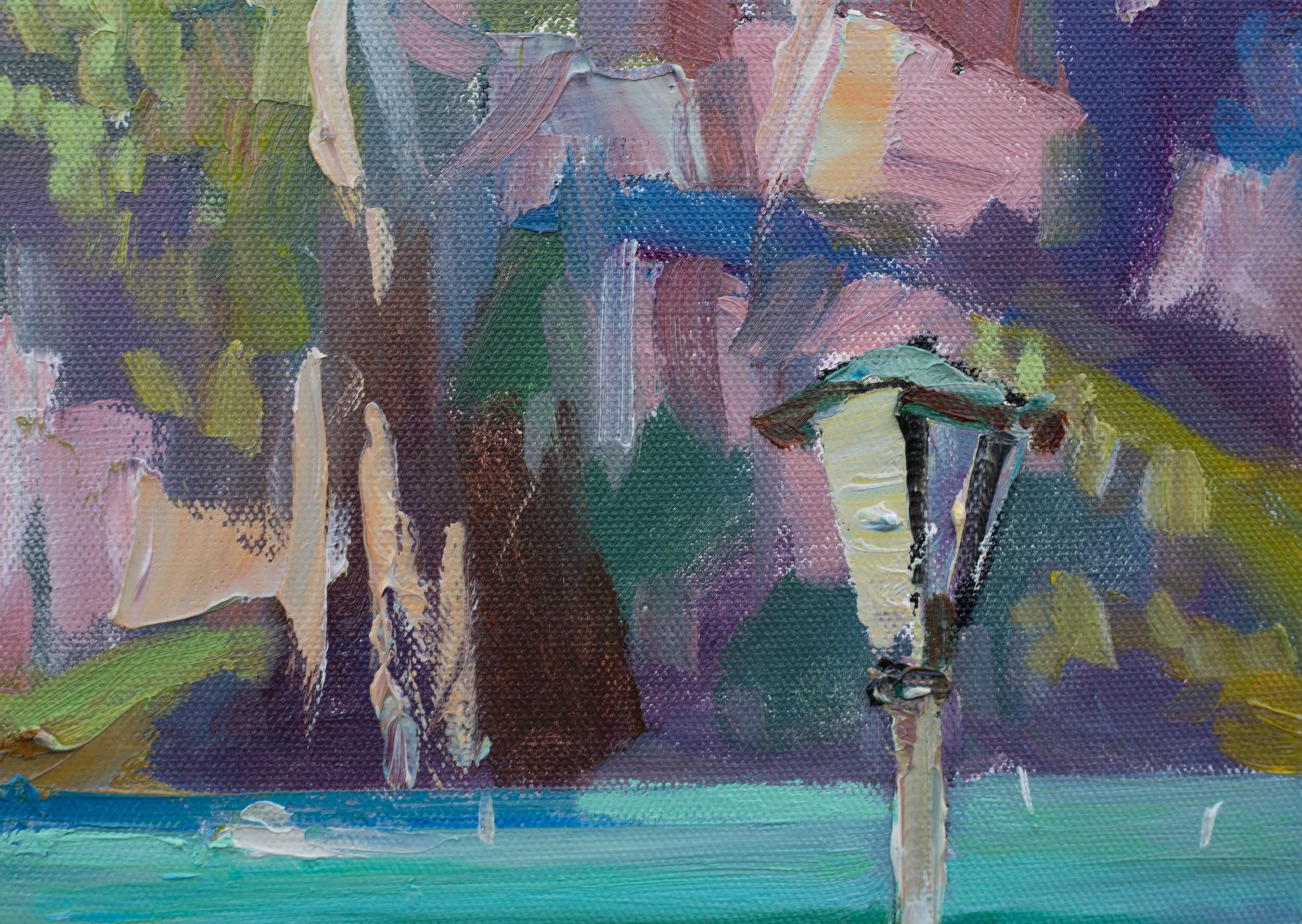 Gelbes Boot. Vertikale Landschaft, Impressionismus, Boot, See. im Angebot 2
