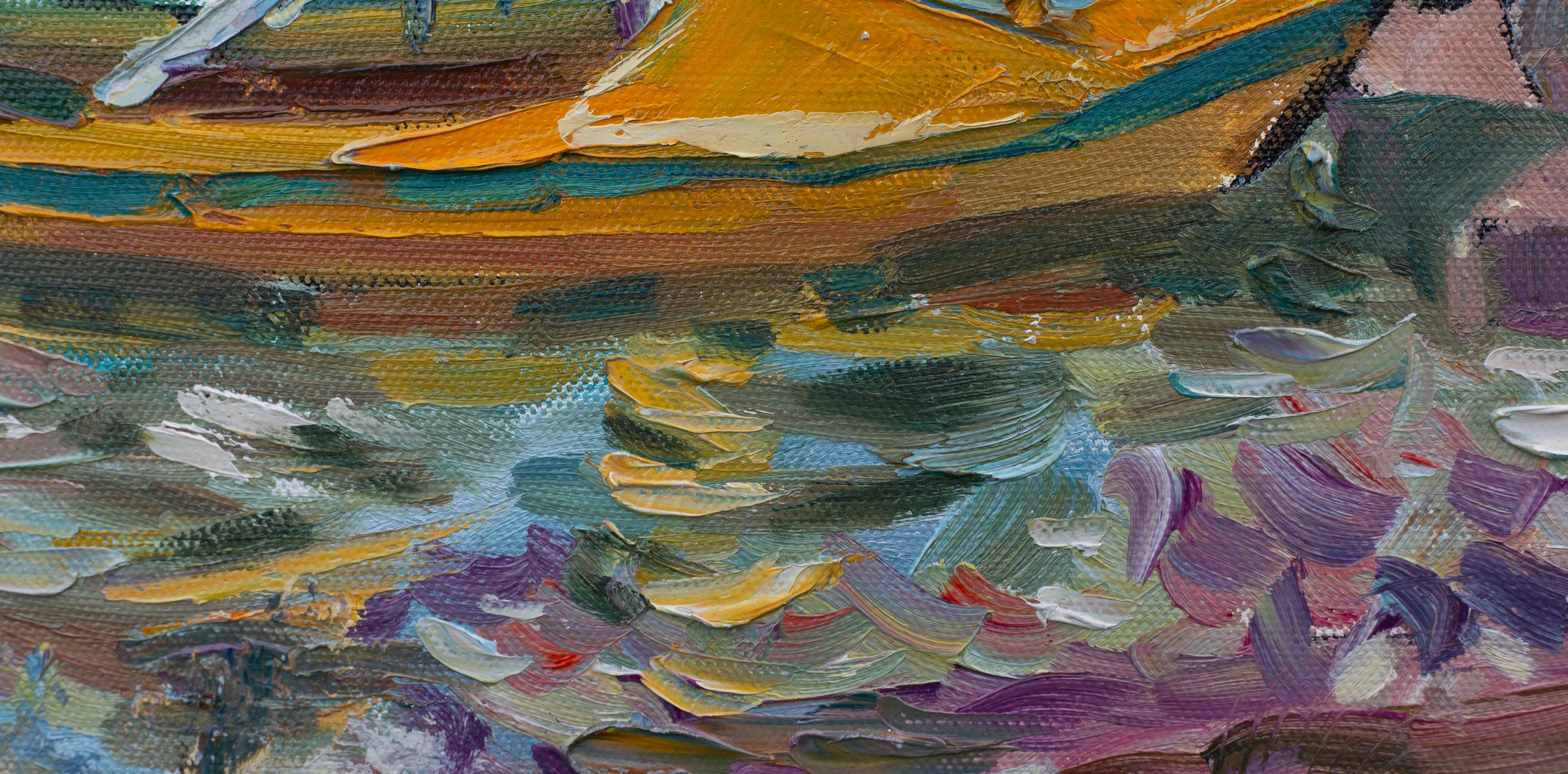 Gelbes Boot. Vertikale Landschaft, Impressionismus, Boot, See, Schweiz. im Angebot 6