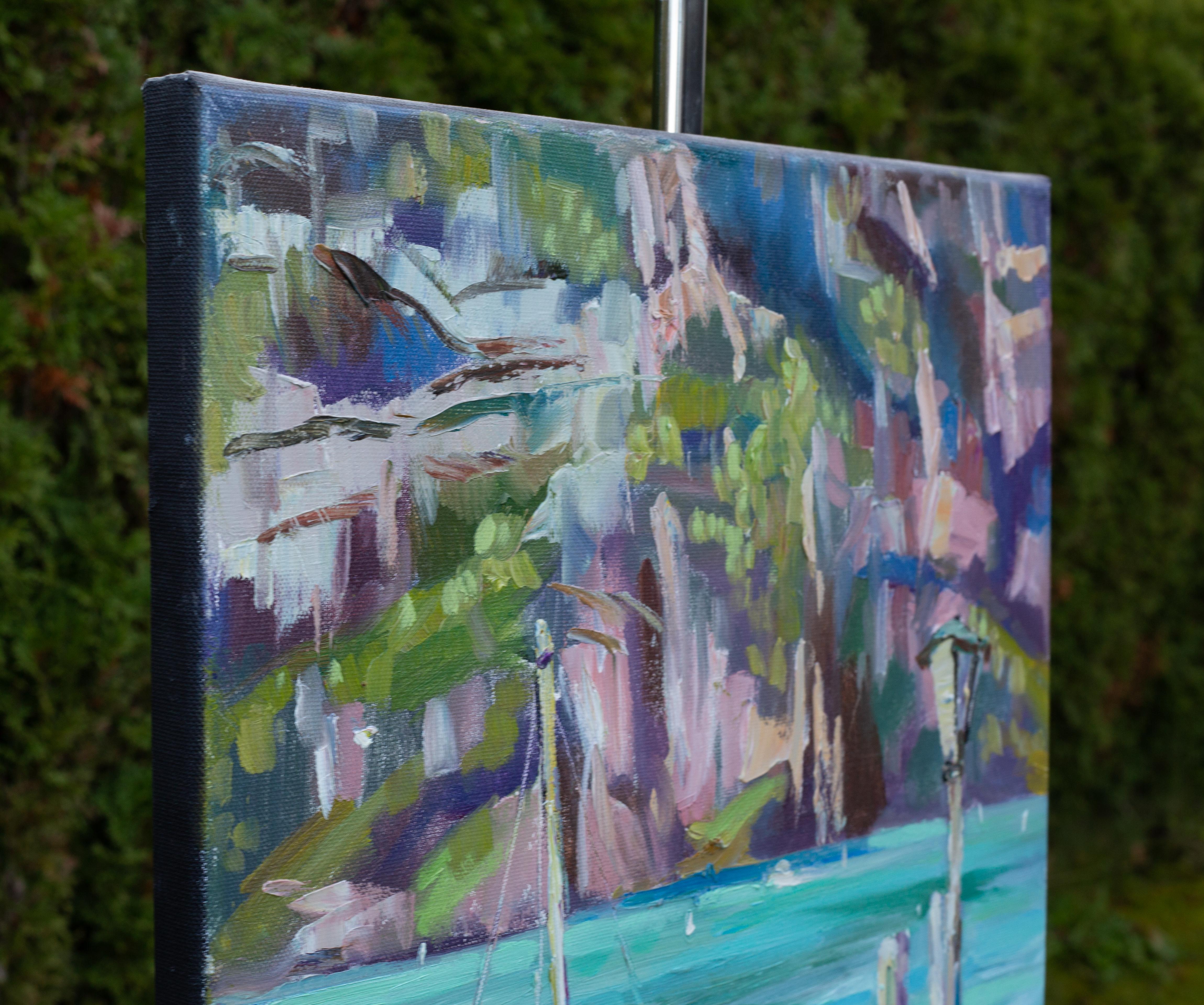 Gelbes Boot. Vertikale Landschaft, Impressionismus, Boot, See, Schweiz. – Painting von Anna Shesterikova