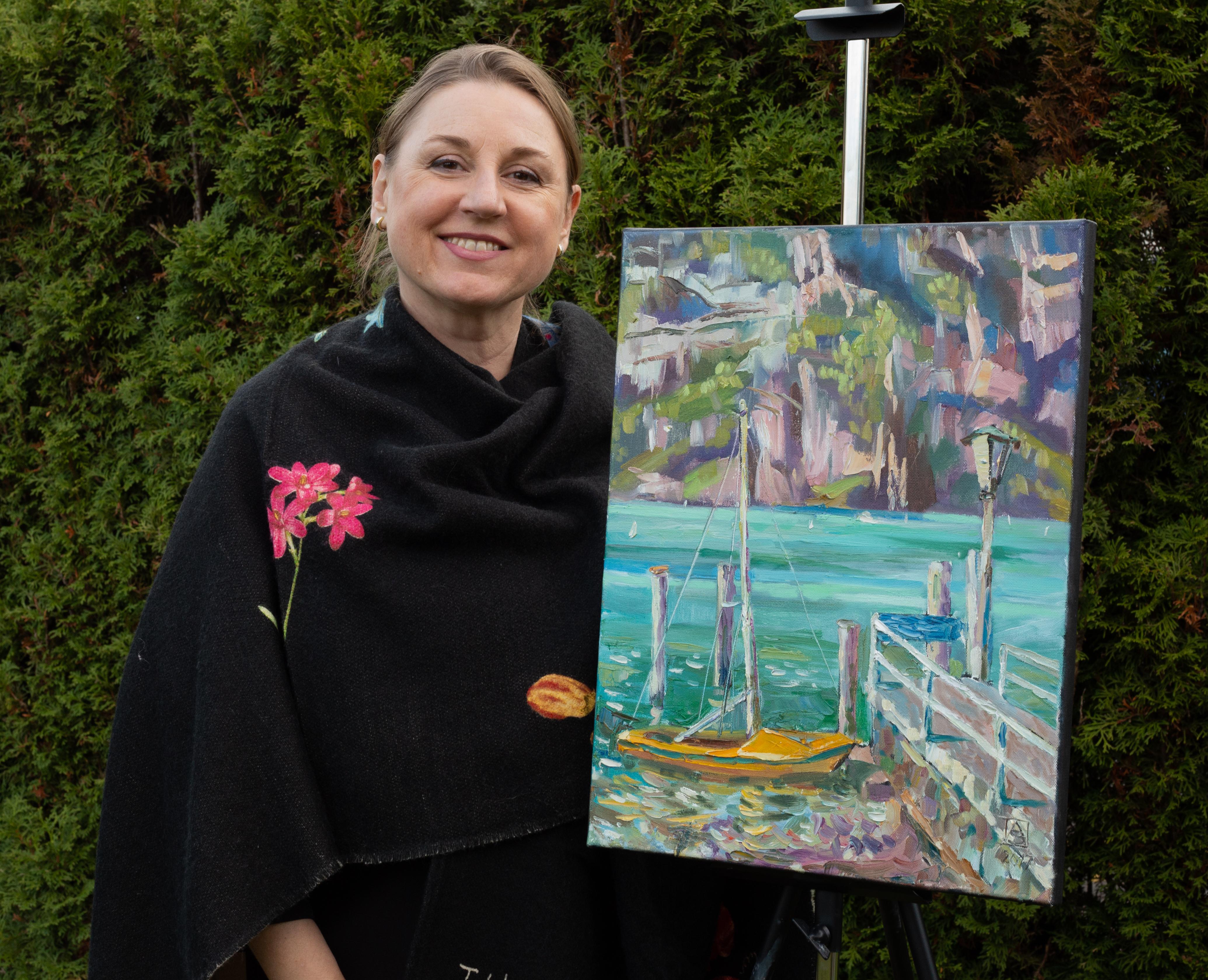 Gelbes Boot. Vertikale Landschaft, Impressionismus, Boot, See, Schweiz. (Post-Impressionismus), Painting, von Anna Shesterikova