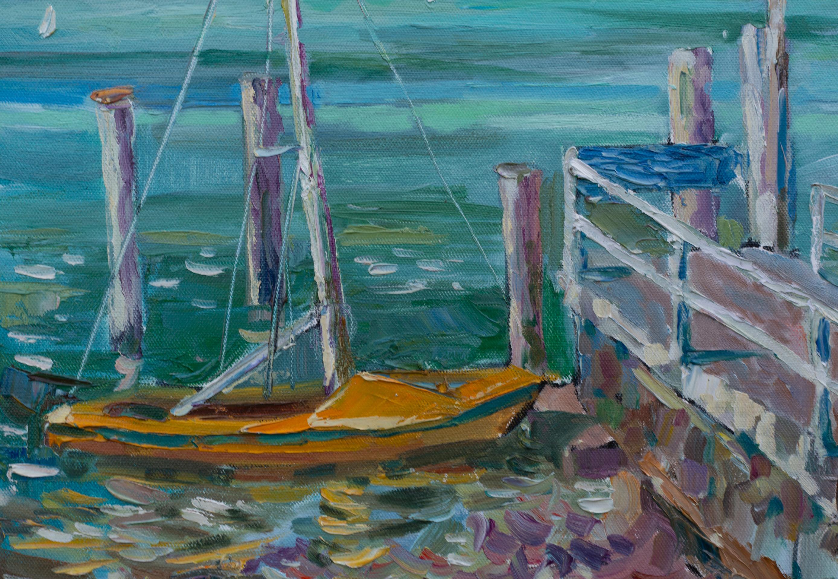 Gelbes Boot. Vertikale Landschaft, Impressionismus, Boot, See, Schweiz. im Angebot 1