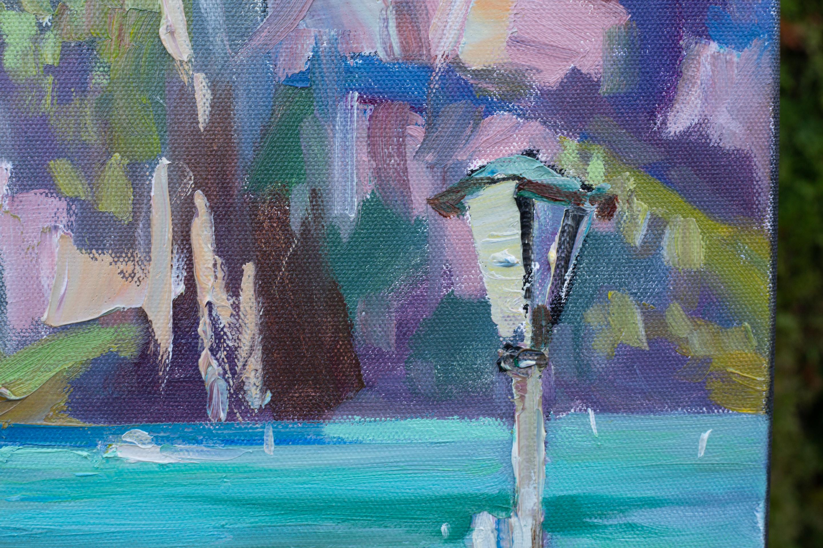 Gelbes Boot. Vertikale Landschaft, Impressionismus, Boot, See, Schweiz. im Angebot 3