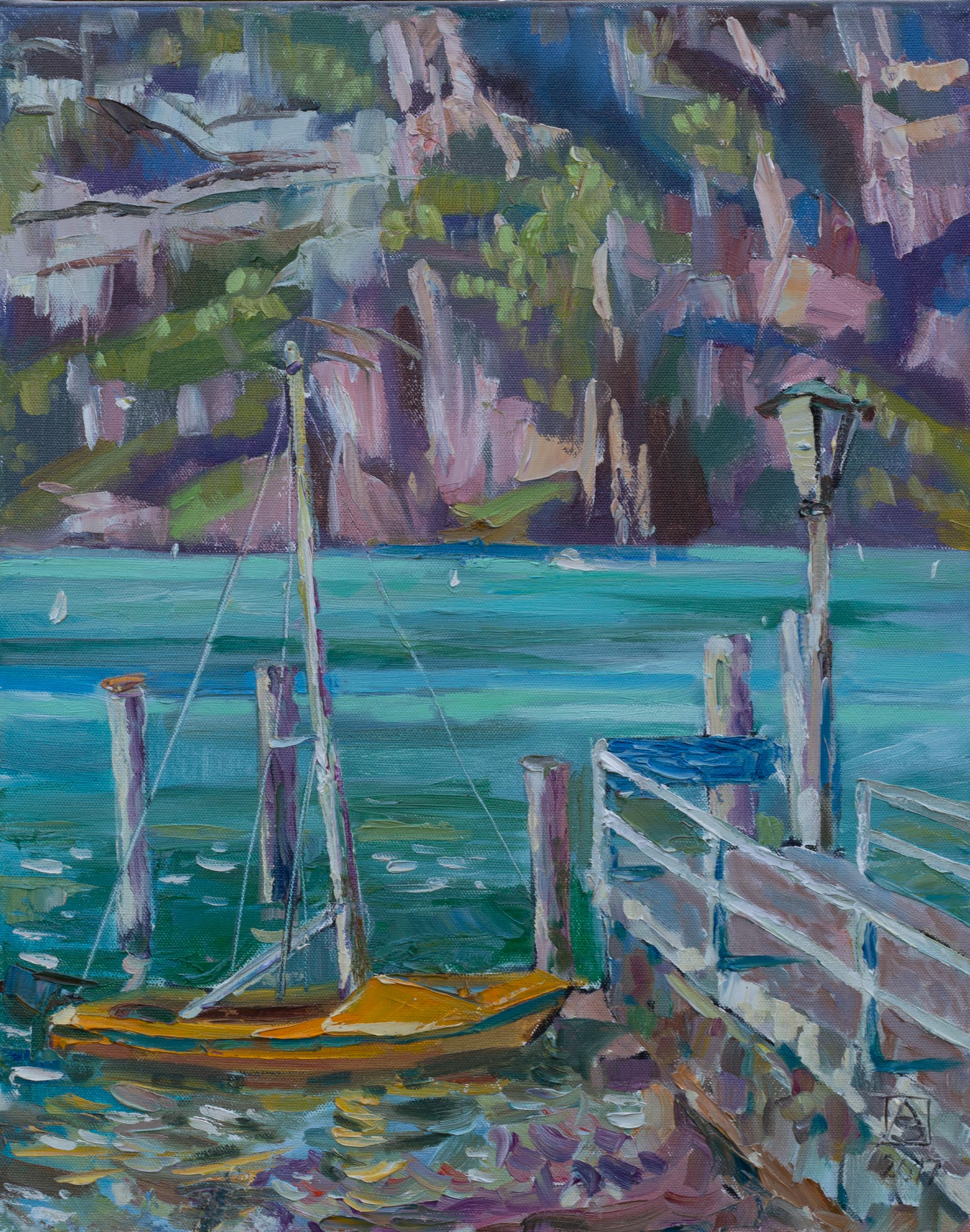 Anna Shesterikova Landscape Painting – Gelbes Boot. Vertikale Landschaft, Impressionismus, Boot, See, Schweiz.