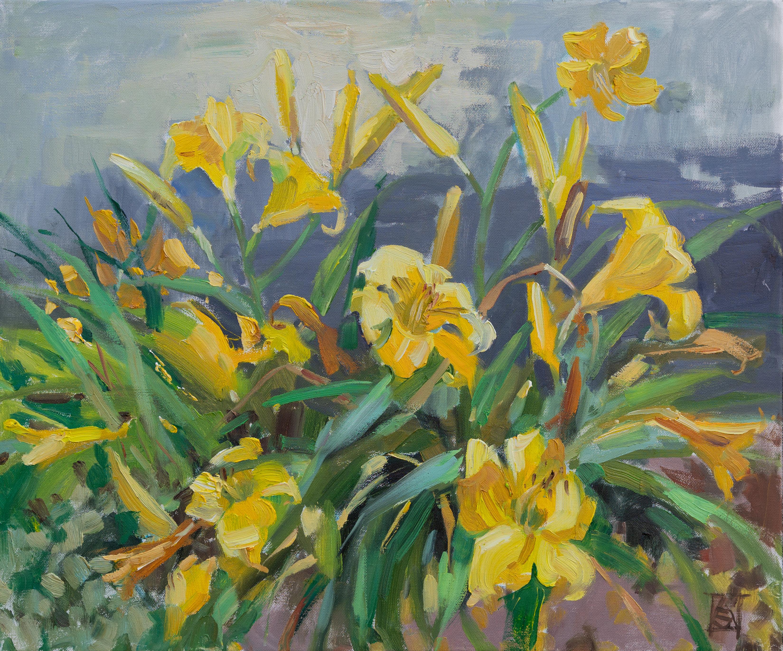 Anna Shesterikova Landscape Painting - Yellow Lilies