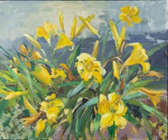 Yellow Lilies. Horizontal, impressionism, landscape, oil, bright flowers