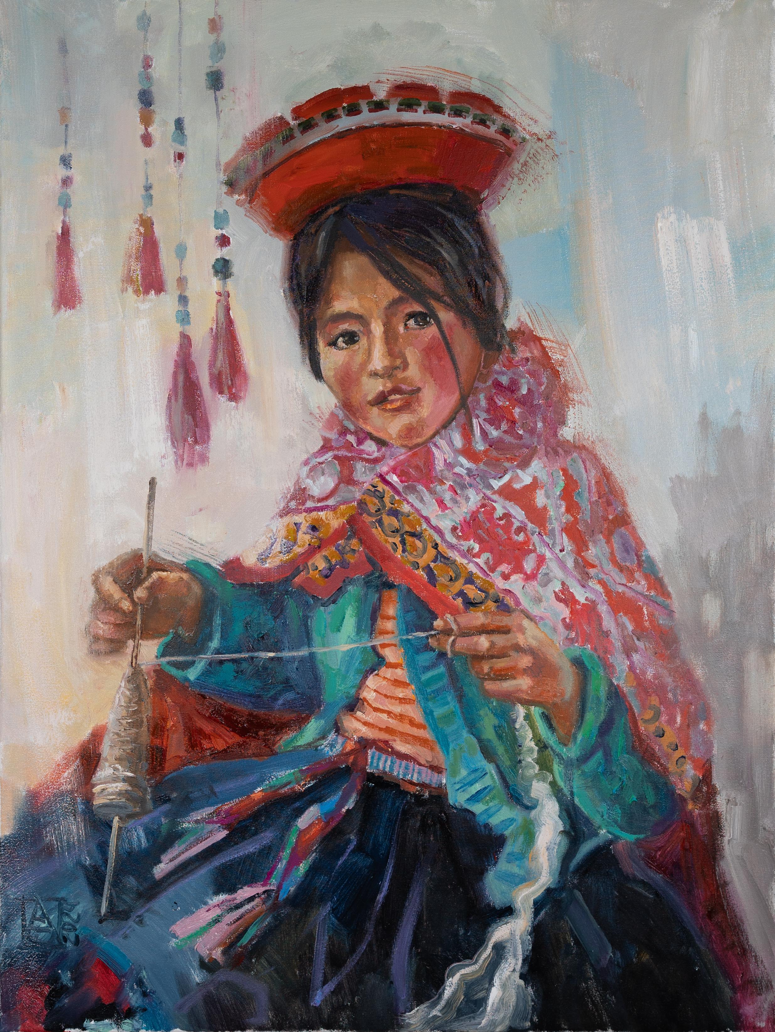 Portrait Painting Anna Shesterikova - Jeune fuseau péruvien. Portrait d'un enfant. Costume National. ArtSgallery