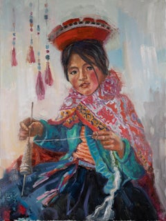 Young Peruvian Spinner. Portrait of a child. National costume. ArtSgallery