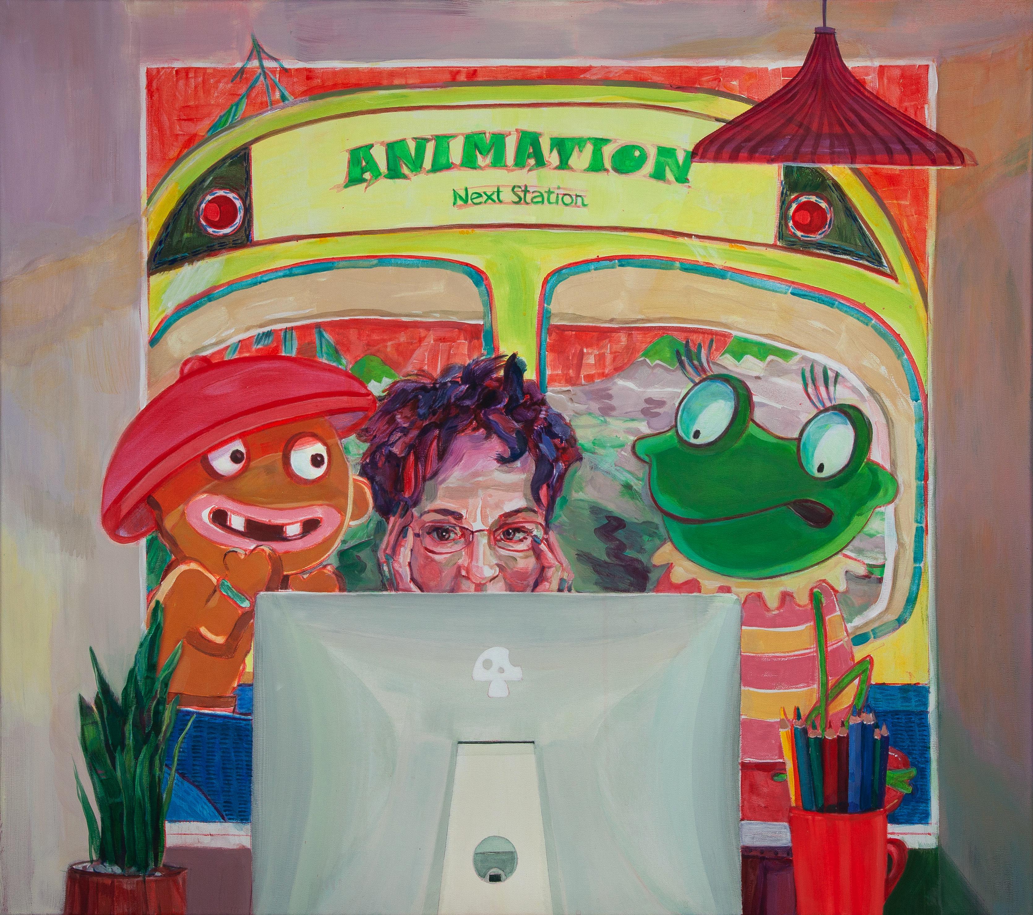 Anna Sobkowiak Figurative Painting - “Animation Next Station” –  contemporary, acrylic painting, landscape