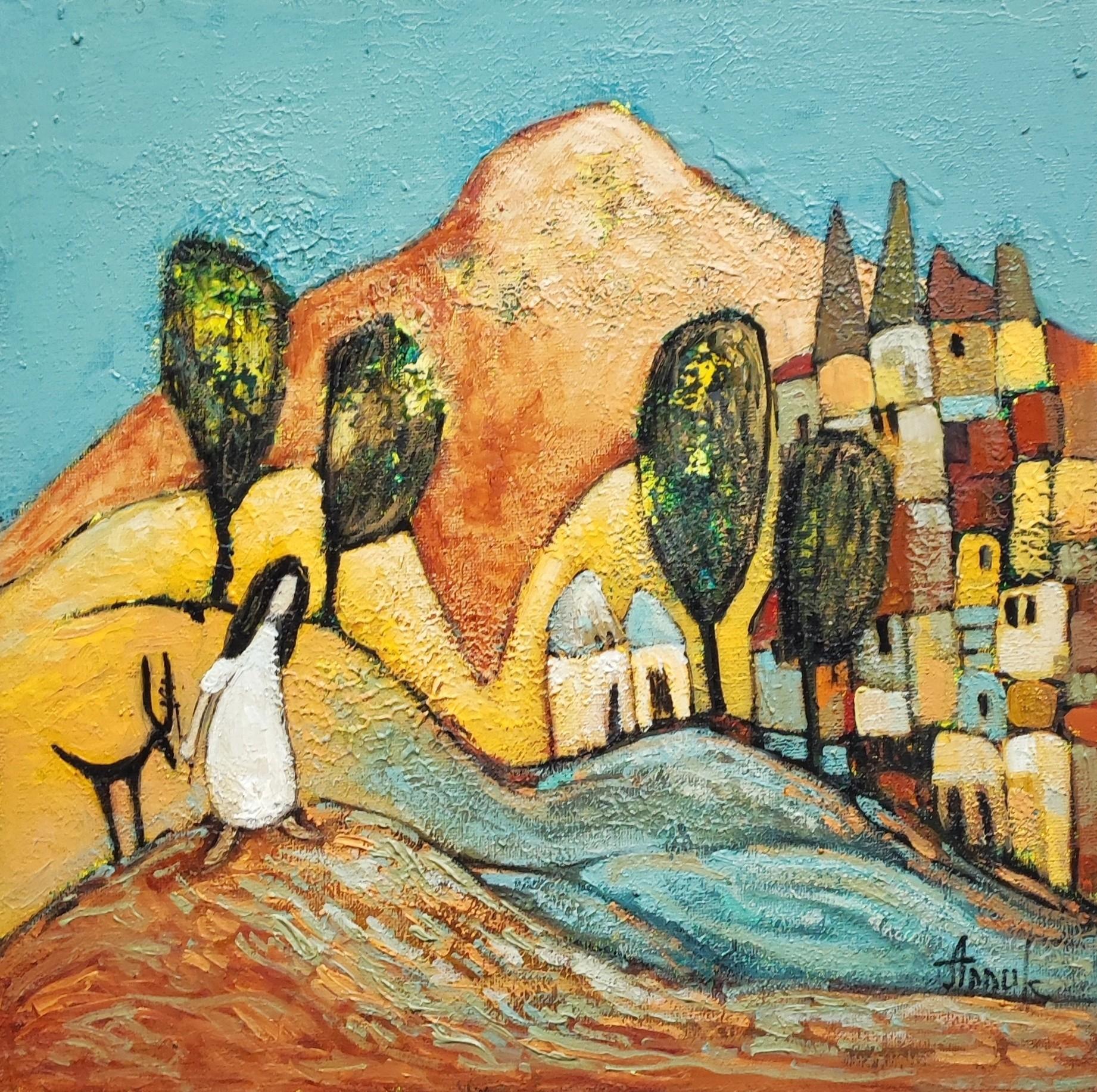Girl in a whited dress. Love, friendship, pet, landscape, kind, small, framed