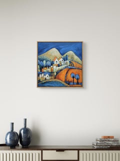 Happy corner. Calm, blue, village, landscape, small, framed, gift, houses, rural
