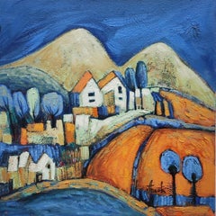 Happy corner. Calm, blue, village, landscape, small, framed, gift, houses, rural