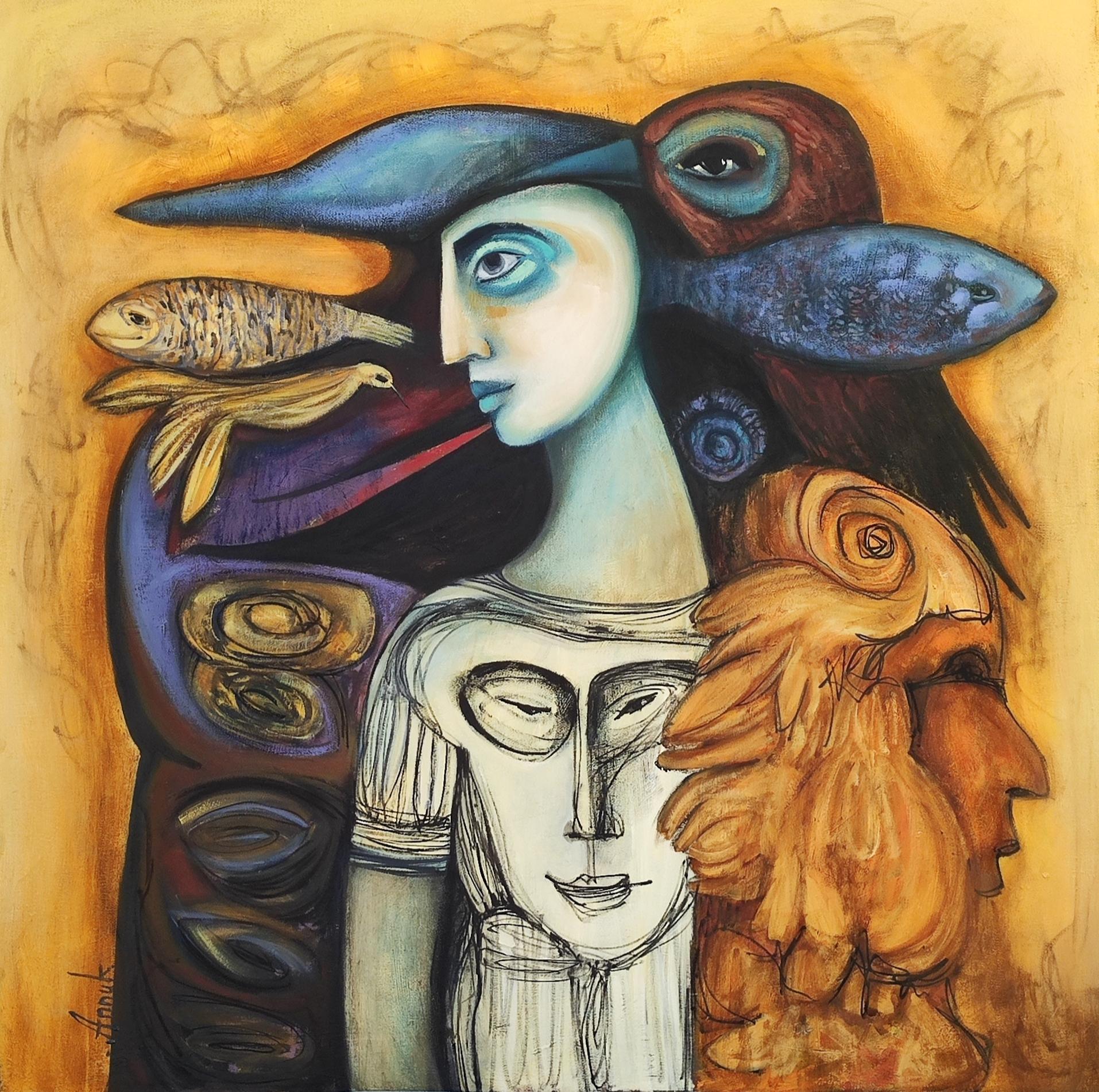 Anna Soghomonyan Figurative Painting - Manyfaced. Man, masculine, inner world, faces, fish, bright, strong, strange