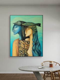 On the same wave. Couple painting, love, blue, sea, man and a woman, fish, large
