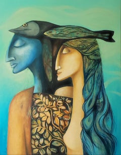 On the same wave. Couple painting, love, blue, sea, man and a woman, fish, large