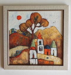 Coin ensoleillé. Petit, encadré, format cadeau, paysage, heureux, lumineux, soleil, maisons