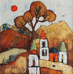 Coin ensoleillé. Petit, encadré, format cadeau, paysage, heureux, lumineux, soleil, maisons