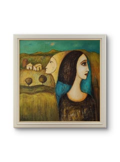 L'appel des ancêtres. Peinture familiale, mère et fille, œuvre d'art verte