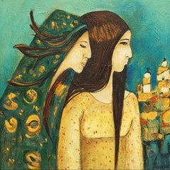 Together. Mother and daughter, family, love, care, guardians, blue, romantic