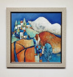 Tranquillité. Bleu, petit, nuit, paysage, cadeau, village, calme, tranquille