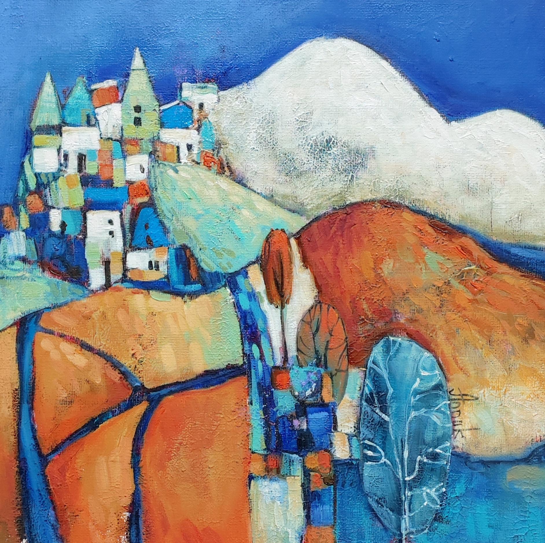Tranquillité. Bleu, petit, nuit, paysage, cadeau, village, calme, tranquille